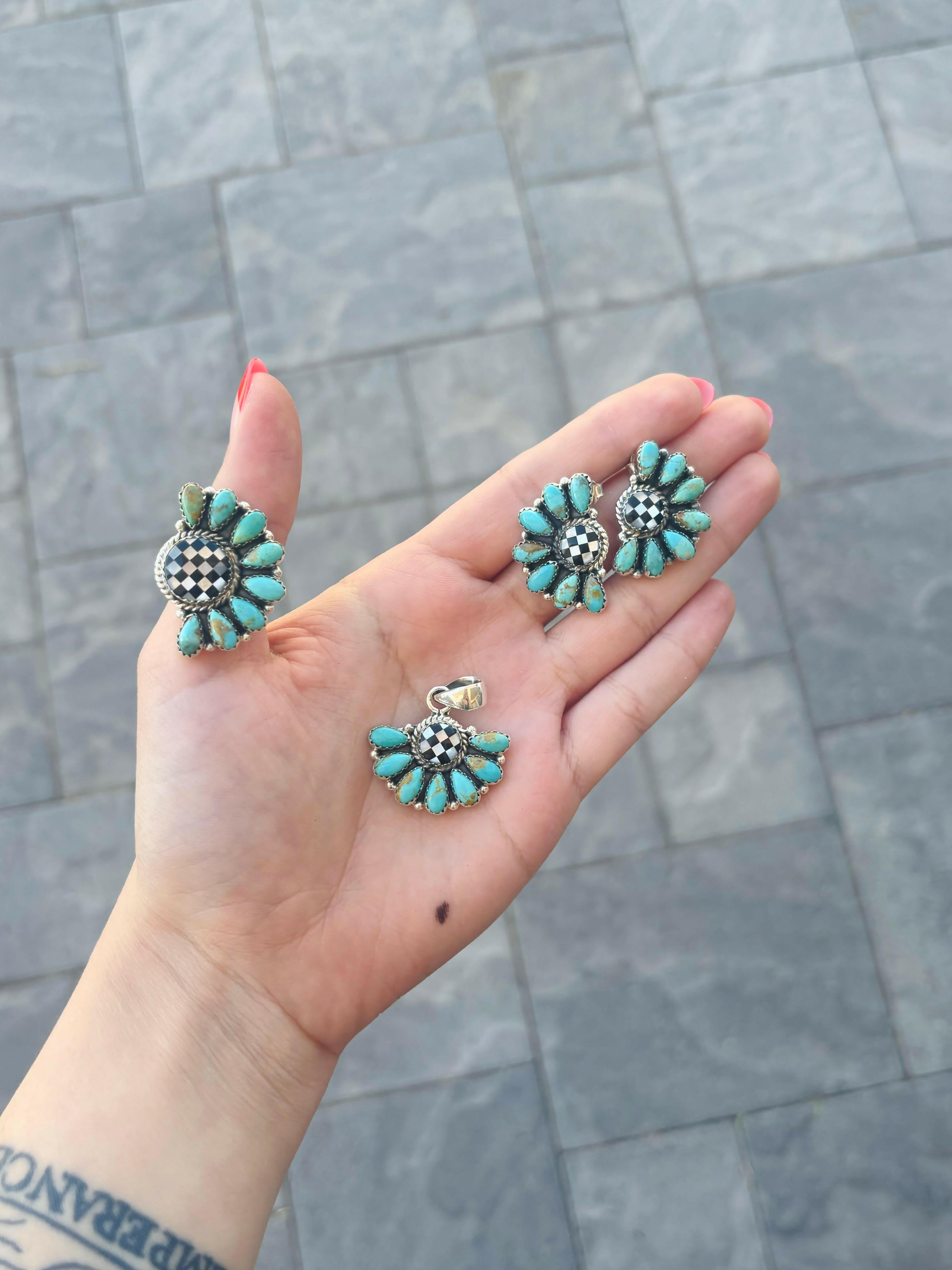 Turquoise & Checkered Pendant, Ring & Earrings-Jewelry Sets-Krush Kandy, Women's Online Fashion Boutique Located in Phoenix, Arizona (Scottsdale Area)