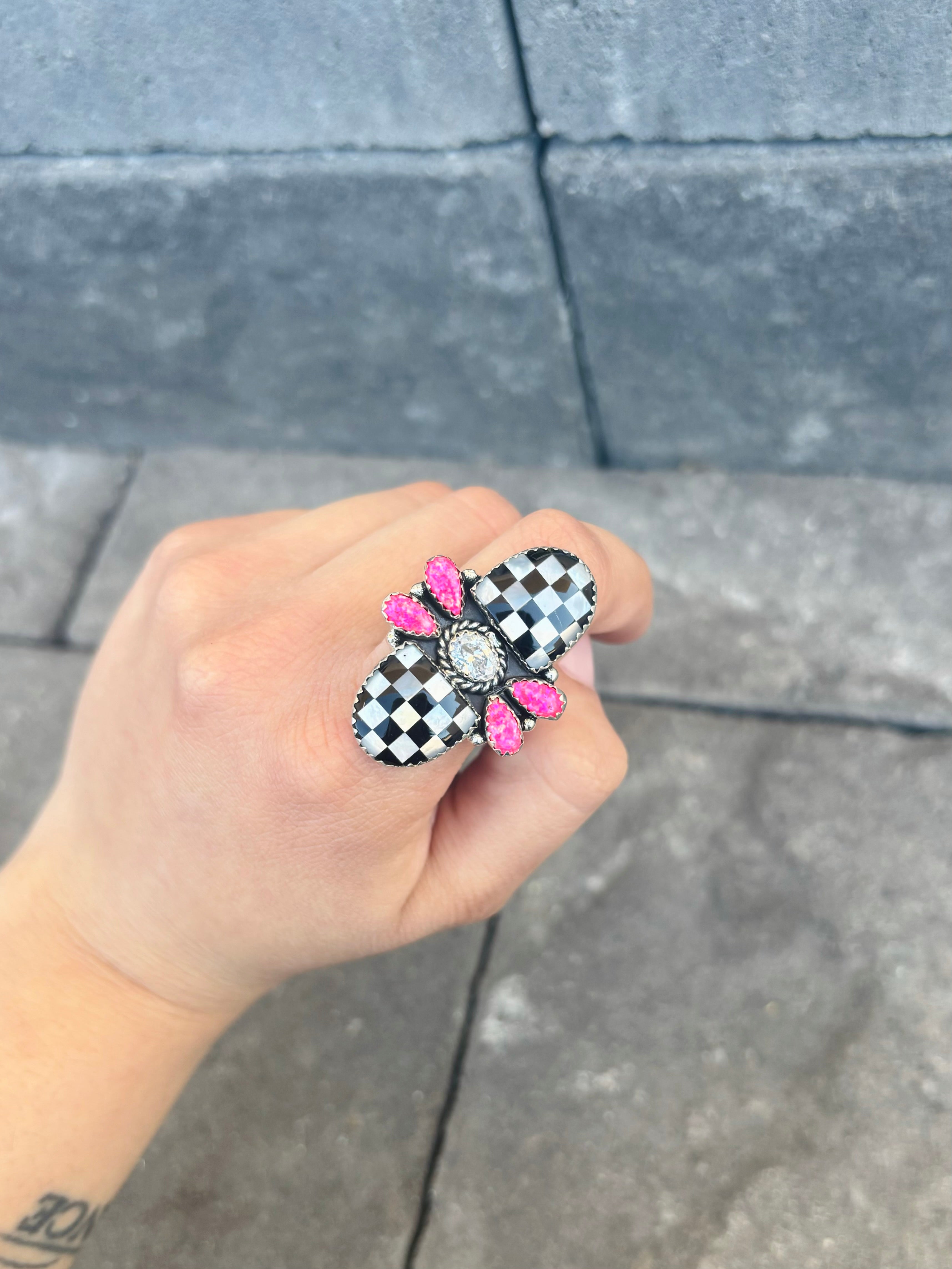 Checkered Stone Lovebug Ring PREORDER NOW OPEN-Rings-Krush Kandy, Women's Online Fashion Boutique Located in Phoenix, Arizona (Scottsdale Area)