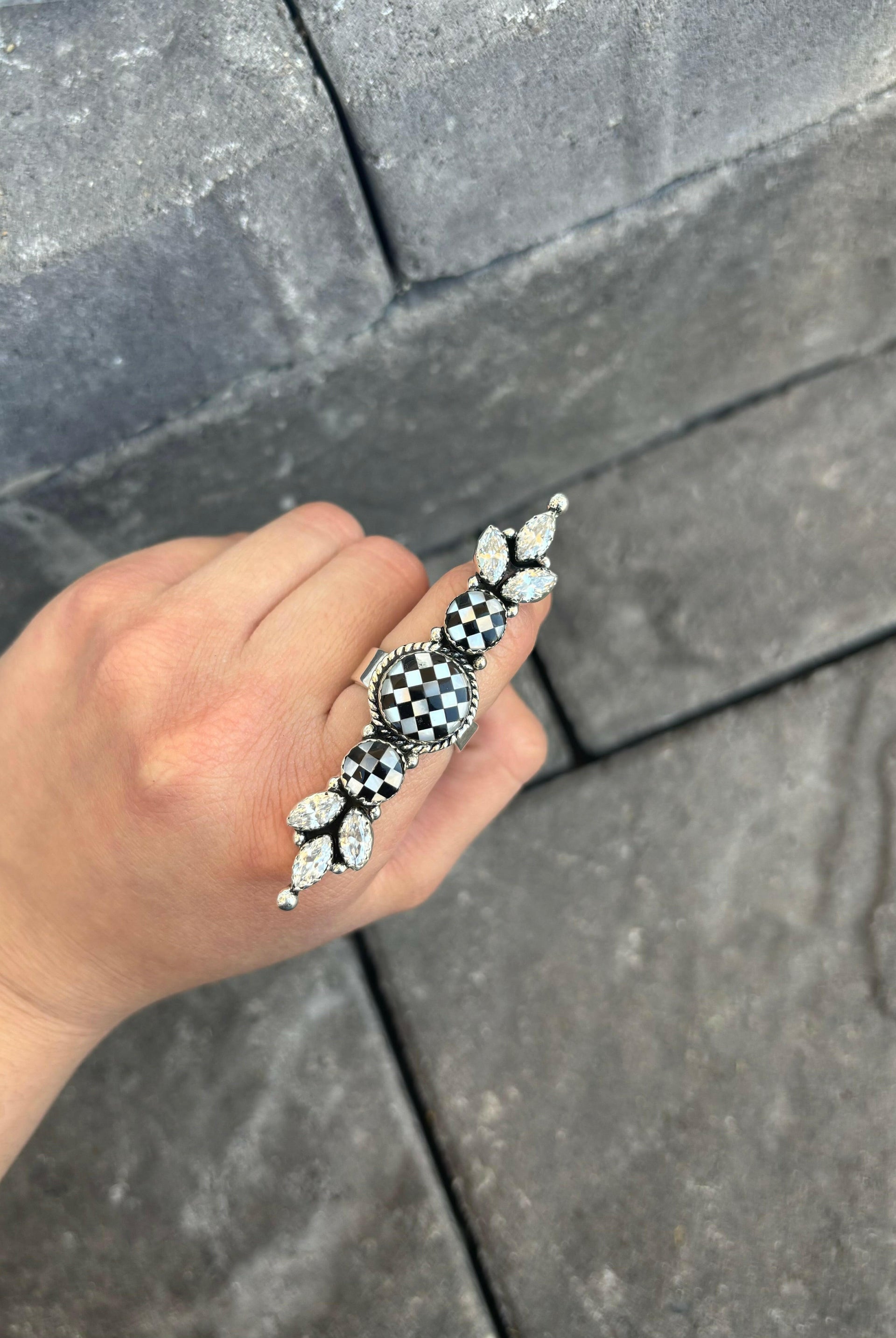 To The Point Checkered & Crystal Ring-Crawler Rings-Krush Kandy, Women's Online Fashion Boutique Located in Phoenix, Arizona (Scottsdale Area)