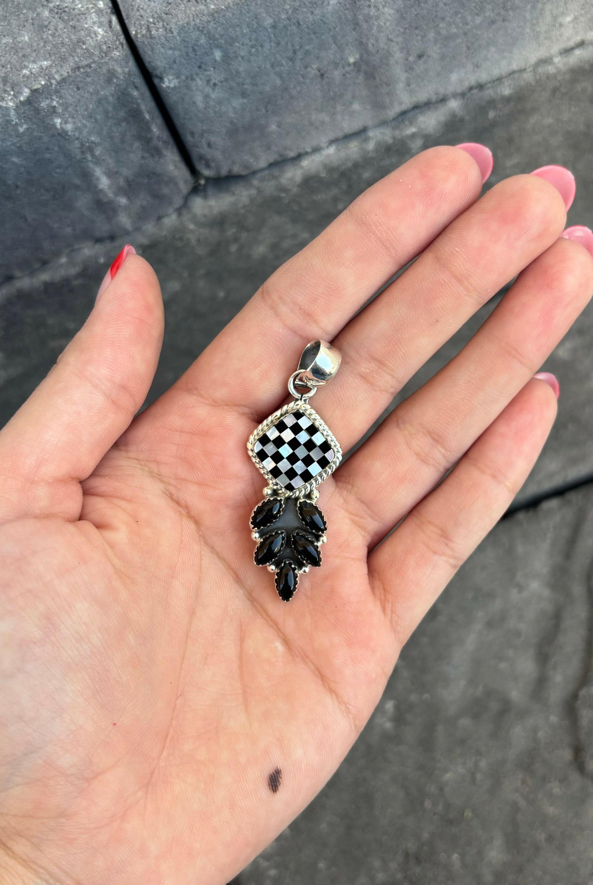 Simple Checkered & Stone Pendant-Pendant Necklaces-Krush Kandy, Women's Online Fashion Boutique Located in Phoenix, Arizona (Scottsdale Area)