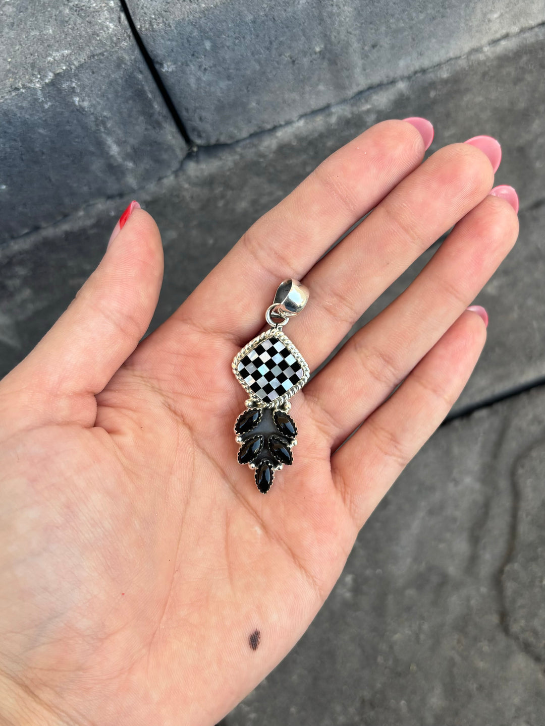 Simple Checkered & Stone Pendant PREORDER-Necklaces-Krush Kandy, Women's Online Fashion Boutique Located in Phoenix, Arizona (Scottsdale Area)