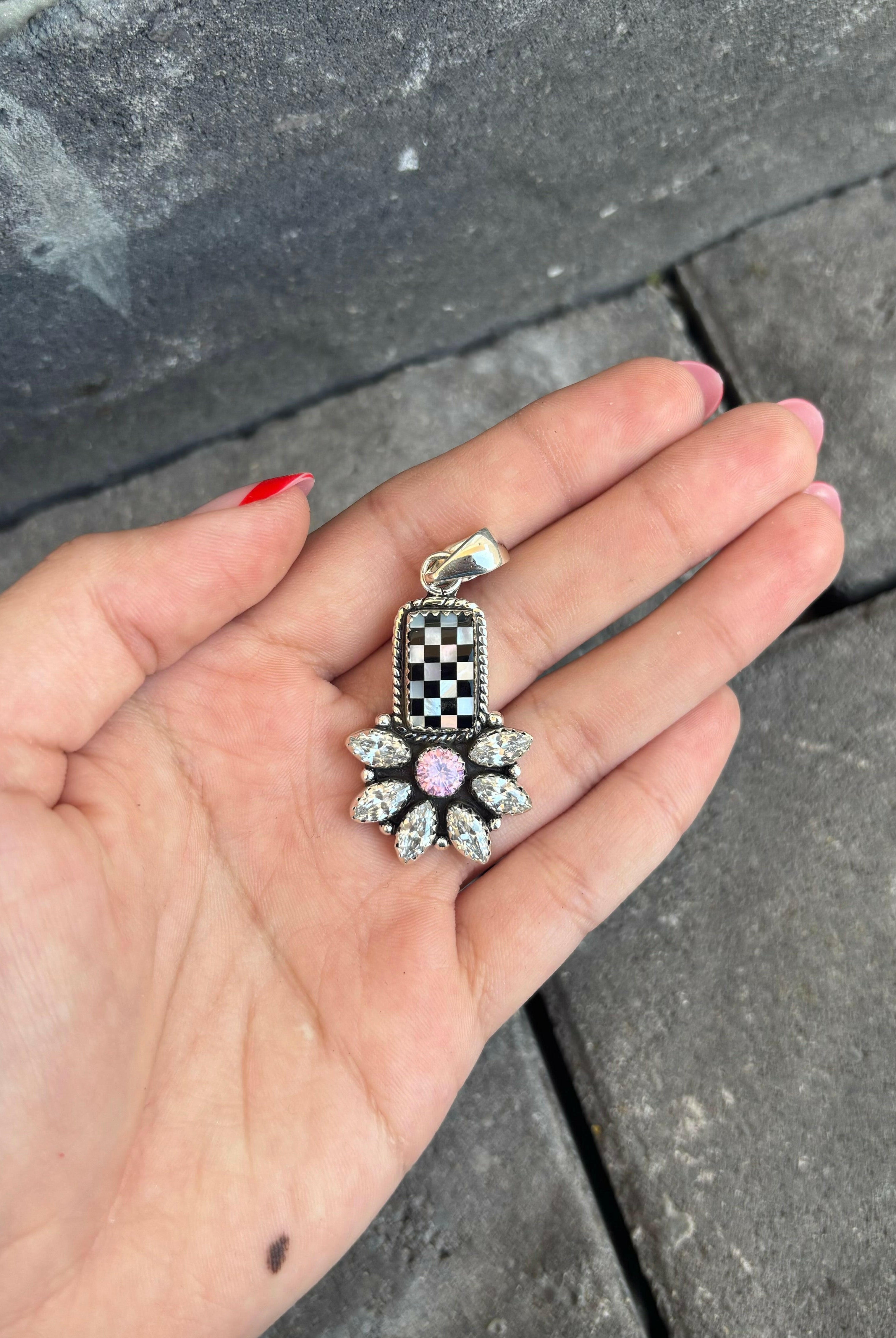 Checkered Blossom Stone Pendant-Pendant Necklaces-Krush Kandy, Women's Online Fashion Boutique Located in Phoenix, Arizona (Scottsdale Area)