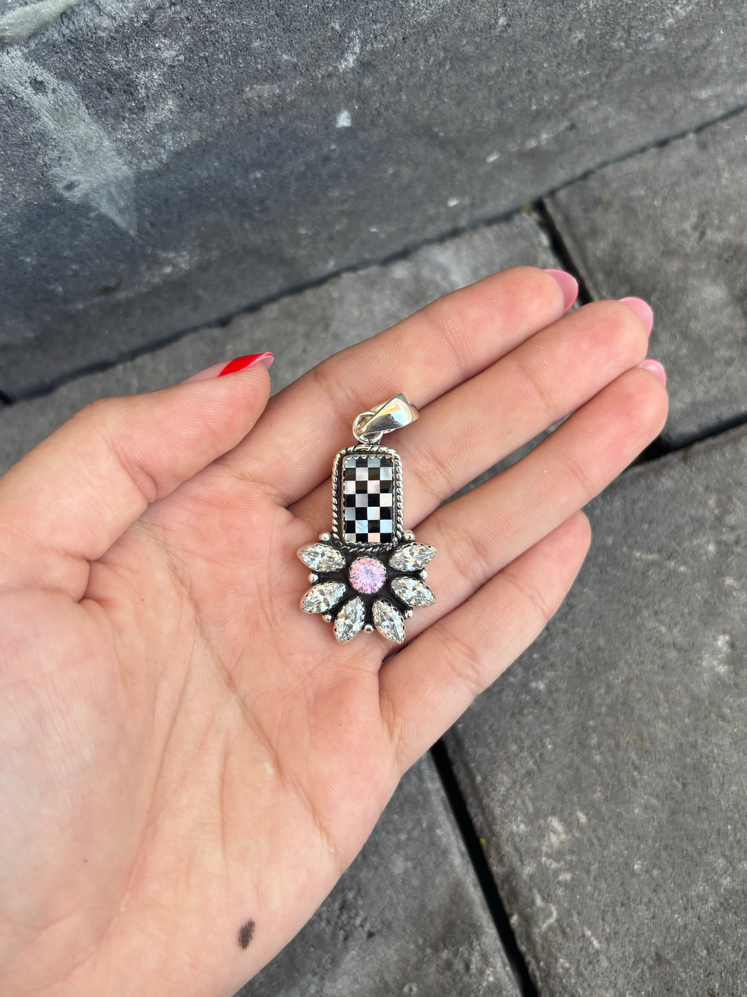 Checkered Blossom Stone Pendant PREORDER-Necklaces-Krush Kandy, Women's Online Fashion Boutique Located in Phoenix, Arizona (Scottsdale Area)
