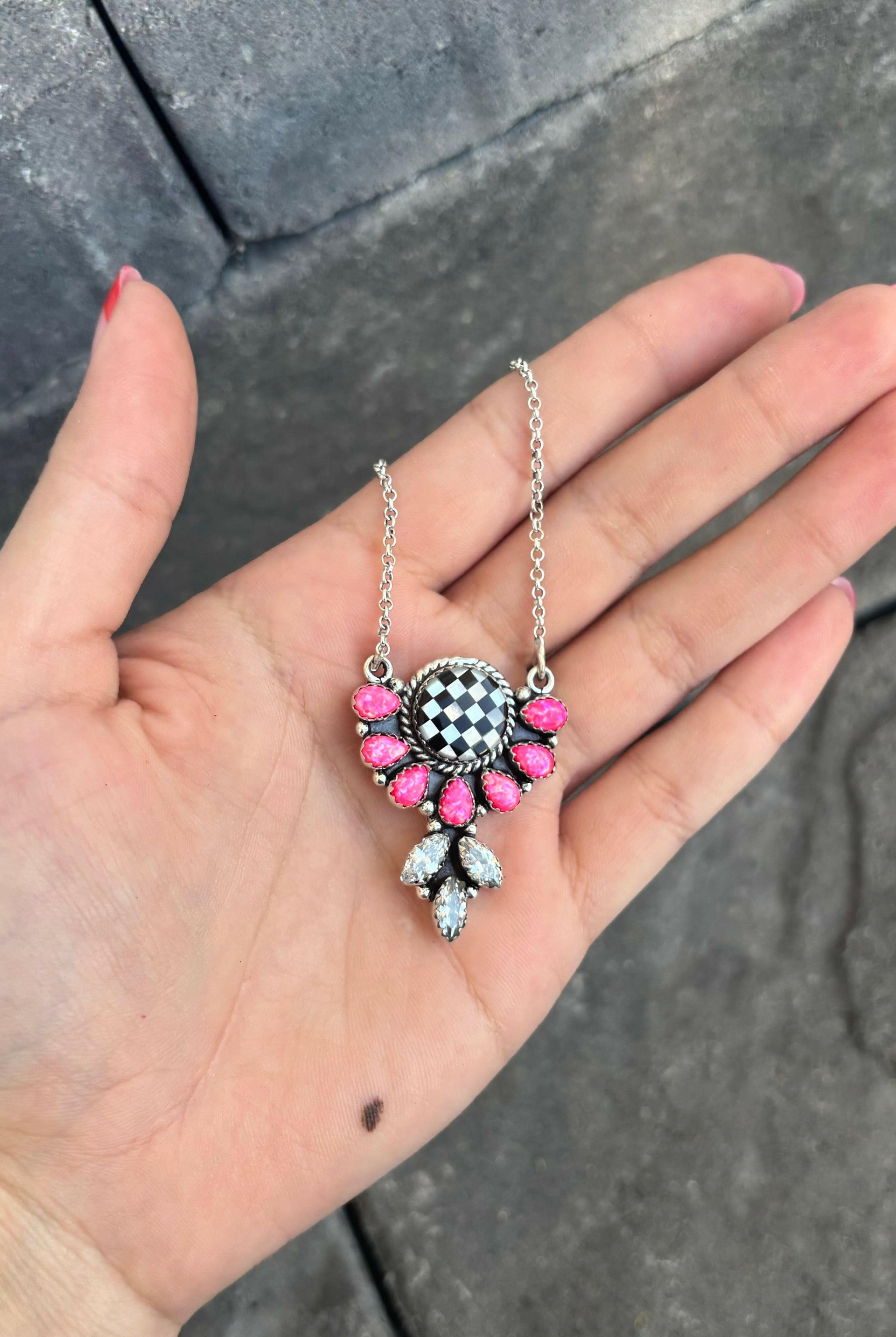 Half Flower Checkered Stone Necklace-Pendant Necklaces-Krush Kandy, Women's Online Fashion Boutique Located in Phoenix, Arizona (Scottsdale Area)