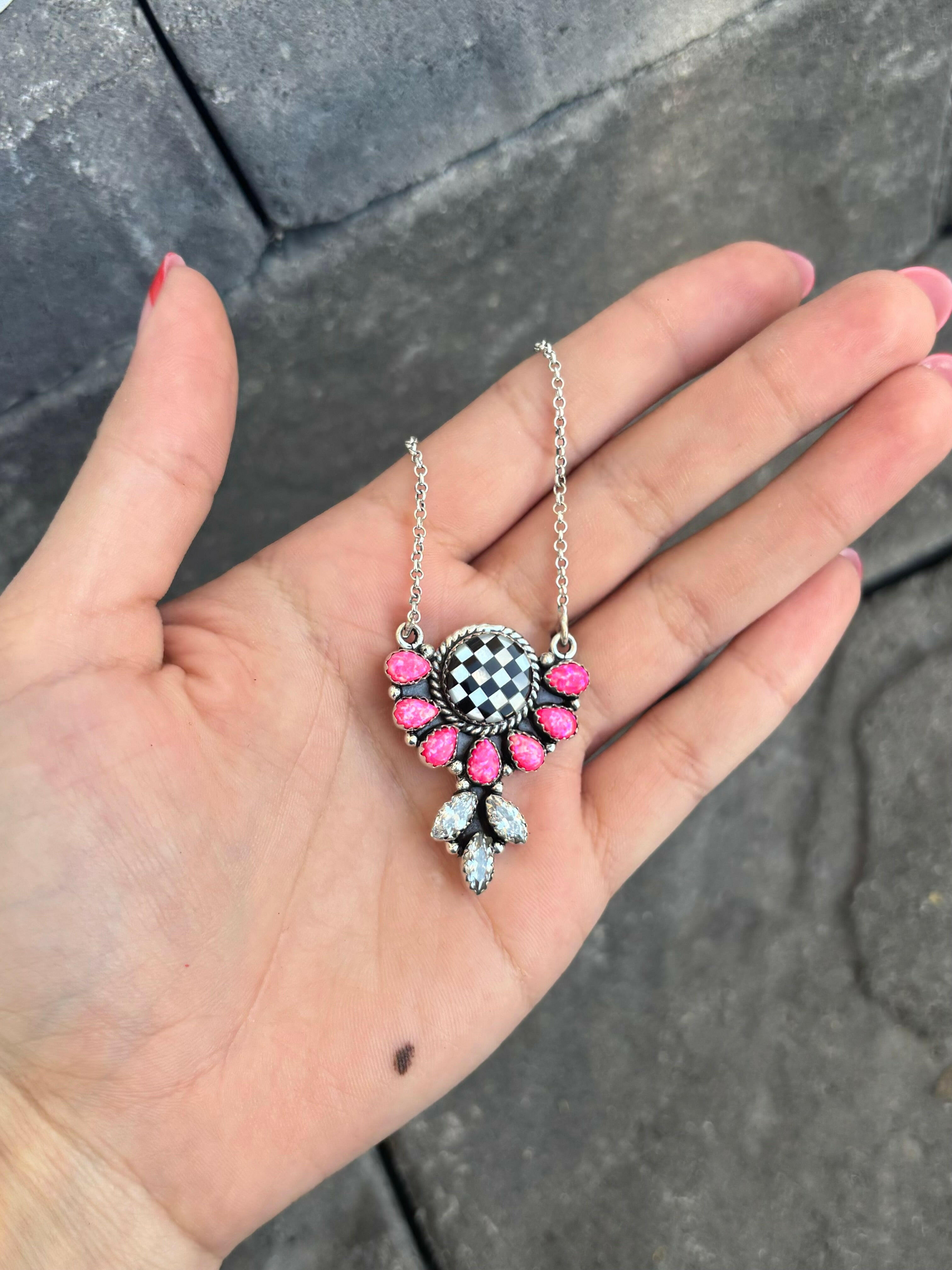 Half Flower Checkered Stone Necklace-Pendant Necklaces-Krush Kandy, Women's Online Fashion Boutique Located in Phoenix, Arizona (Scottsdale Area)