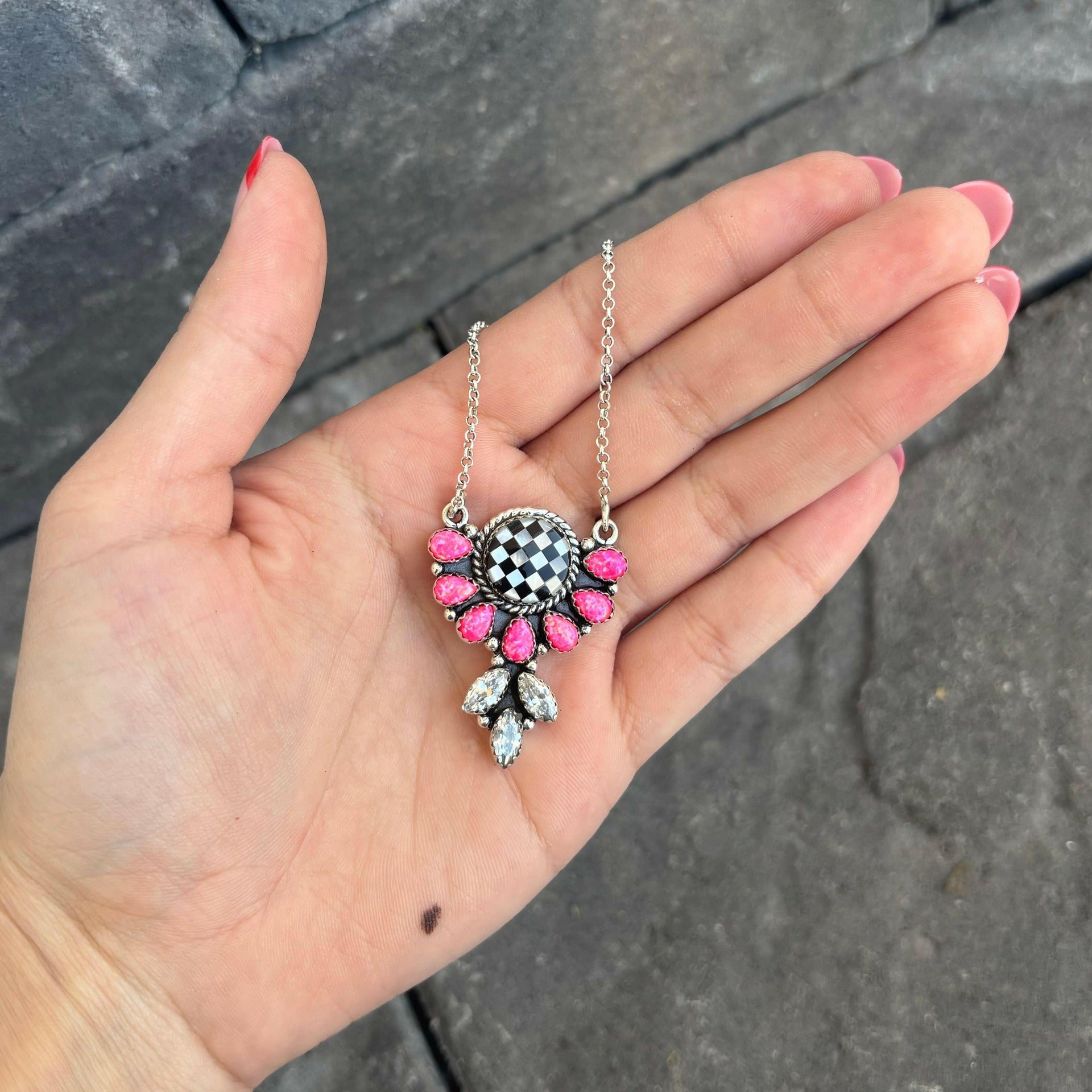 Half Flower Checkered Stone Necklace-Pendant Necklaces-Krush Kandy, Women's Online Fashion Boutique Located in Phoenix, Arizona (Scottsdale Area)