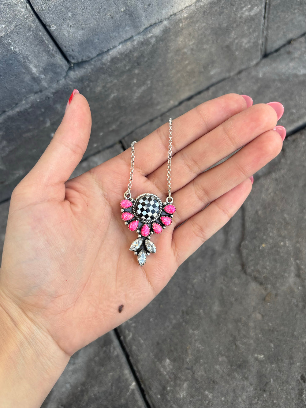 Half Flower Checkered Stone Pendant | PREORDER OPEN-Necklaces-Krush Kandy, Women's Online Fashion Boutique Located in Phoenix, Arizona (Scottsdale Area)