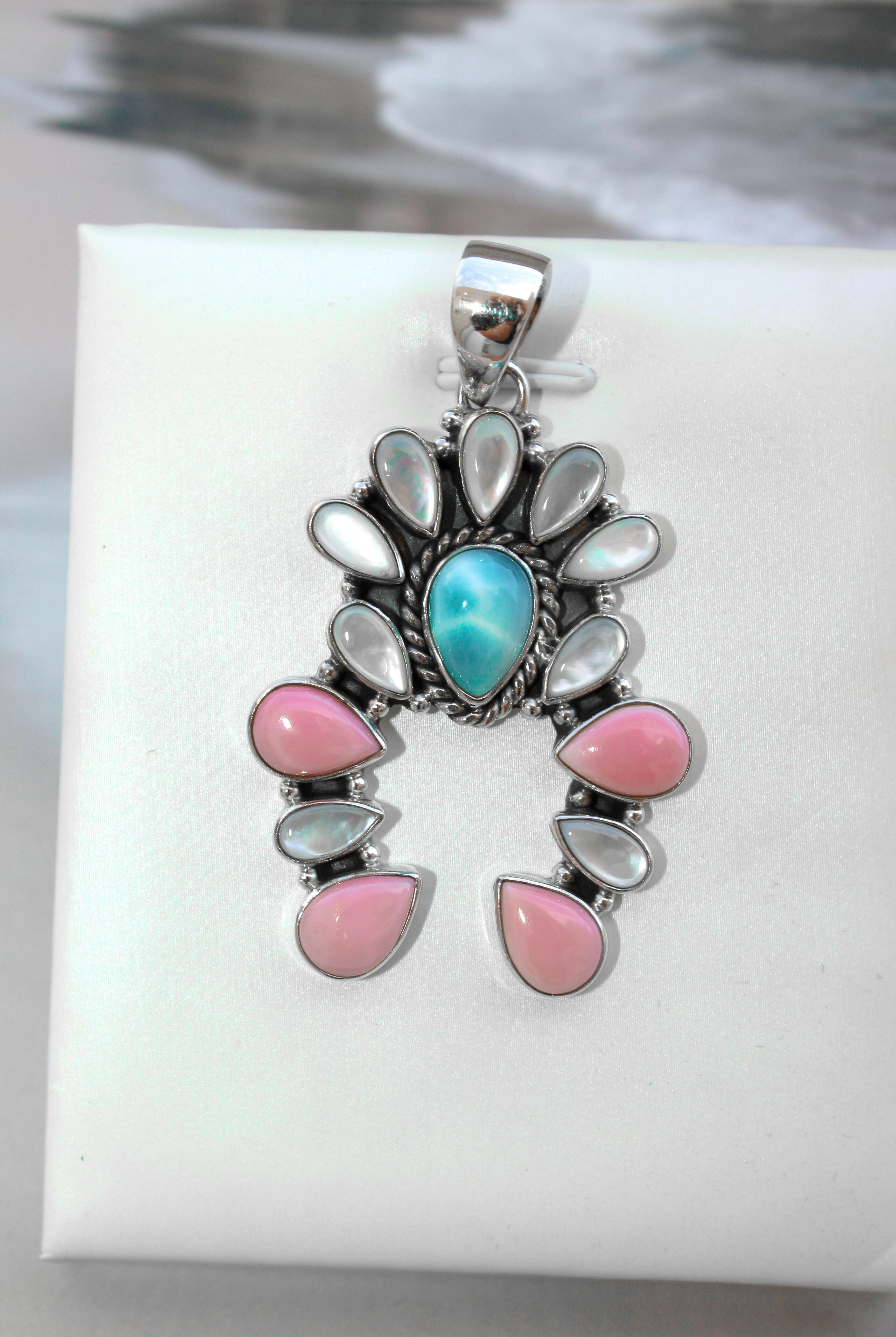 Delicate White Shell & Larimar Stone Horseshoe Pendant-Pendant Necklaces-Krush Kandy, Women's Online Fashion Boutique Located in Phoenix, Arizona (Scottsdale Area)