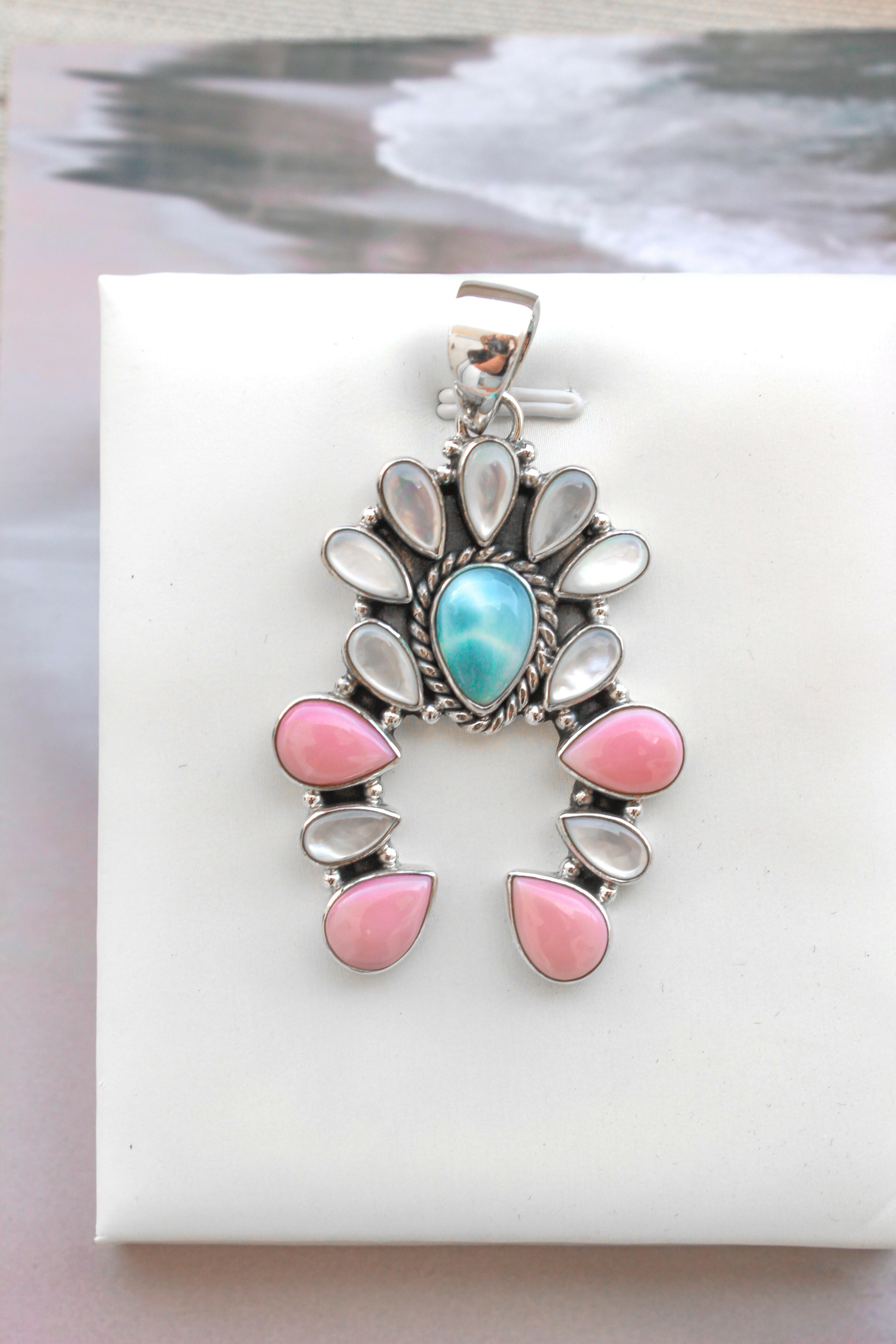 Delicate White Shell & Larimar Stone Horseshoe Pendant-Pendant Necklaces-Krush Kandy, Women's Online Fashion Boutique Located in Phoenix, Arizona (Scottsdale Area)