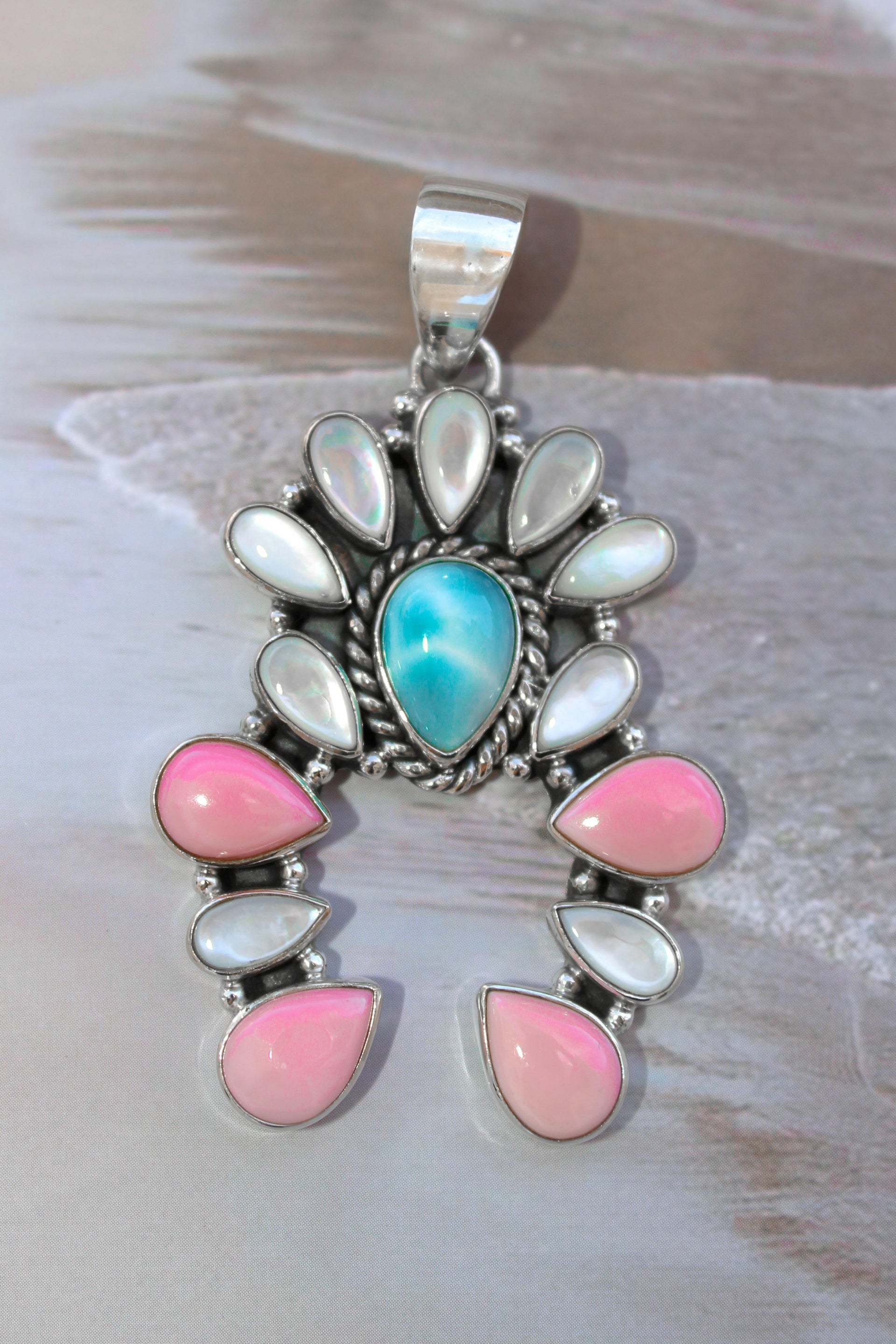 Delicate White Shell & Larimar Stone Horseshoe Pendant-Pendant Necklaces-Krush Kandy, Women's Online Fashion Boutique Located in Phoenix, Arizona (Scottsdale Area)