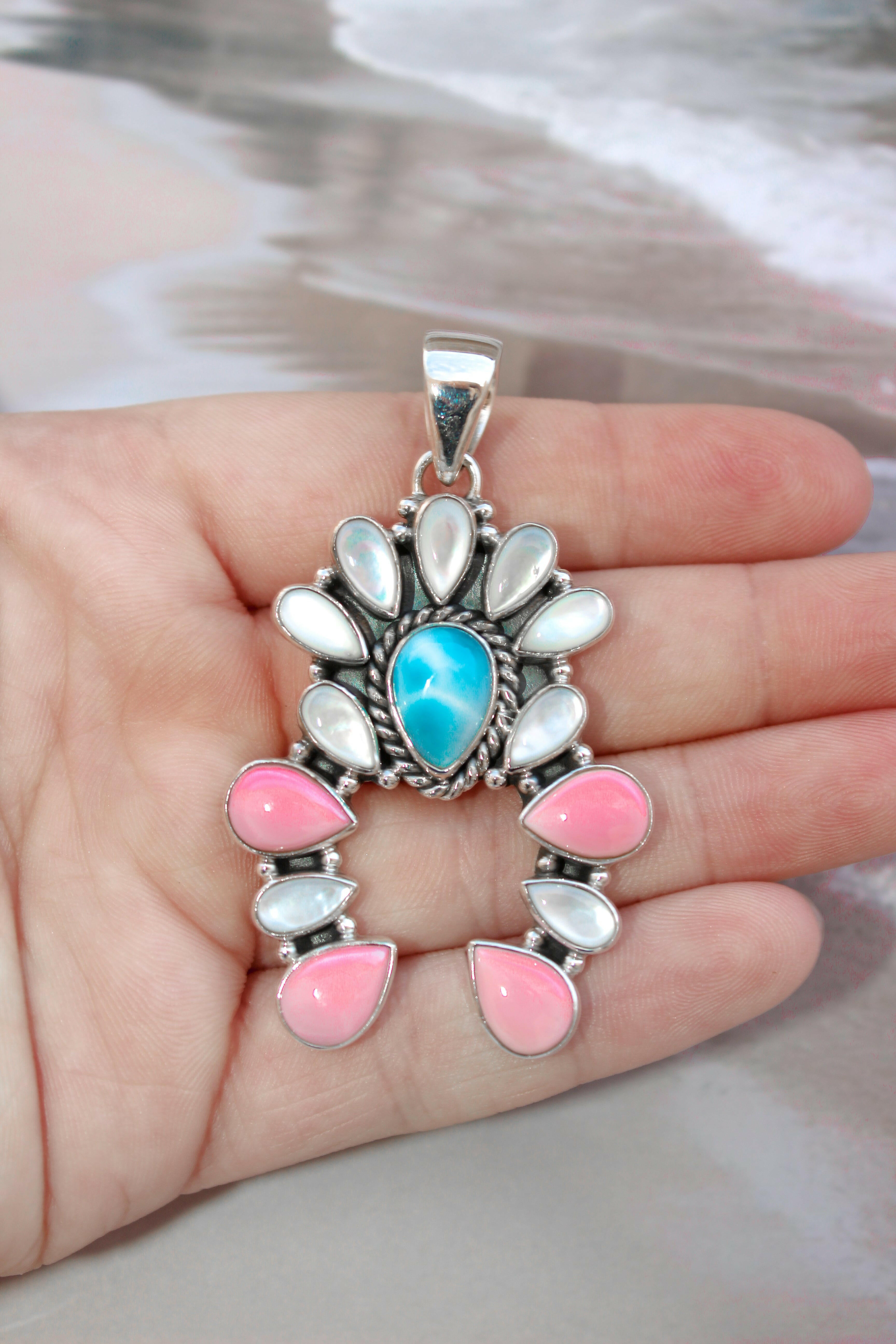 Delicate White Shell & Larimar Stone Horseshoe Pendant-Pendant Necklaces-Krush Kandy, Women's Online Fashion Boutique Located in Phoenix, Arizona (Scottsdale Area)