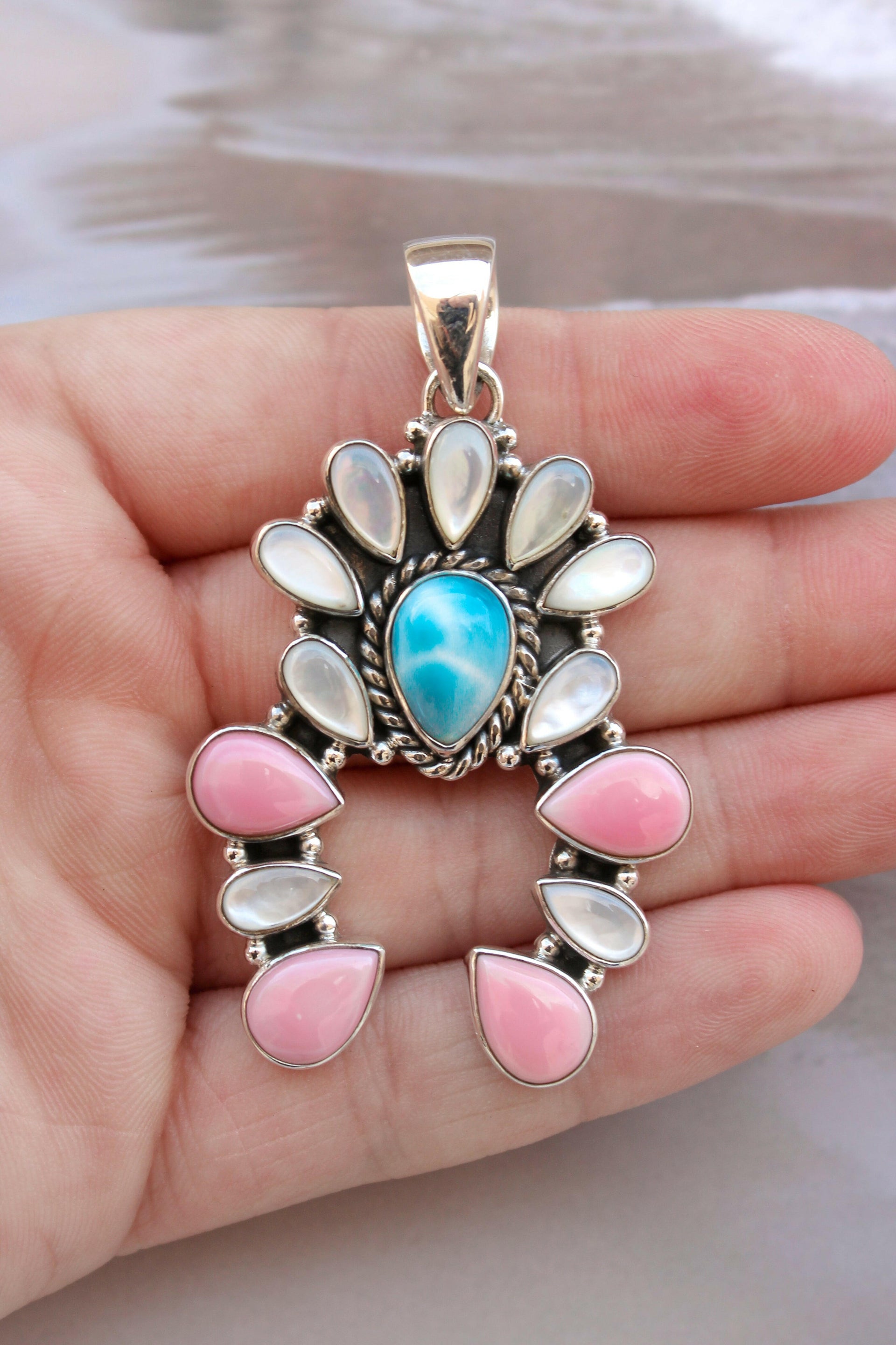 Delicate White Shell & Larimar Stone Horseshoe Pendant-Pendant Necklaces-Krush Kandy, Women's Online Fashion Boutique Located in Phoenix, Arizona (Scottsdale Area)