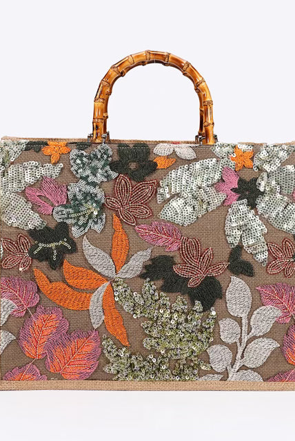 Elegant Burlap Handbag with Floral Embroidery and Bamboo Handle-handbag-Krush Kandy, Women's Online Fashion Boutique Located in Phoenix, Arizona (Scottsdale Area)
