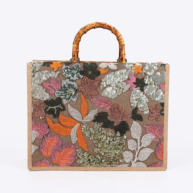 Elegant Burlap Handbag with Floral Embroidery and Bamboo Handle-handbag-Krush Kandy, Women's Online Fashion Boutique Located in Phoenix, Arizona (Scottsdale Area)