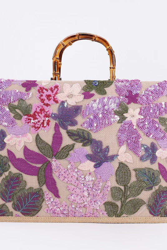 Elegant Burlap Handbag with Floral Embroidery and Bamboo Handle-handbag-Krush Kandy, Women's Online Fashion Boutique Located in Phoenix, Arizona (Scottsdale Area)
