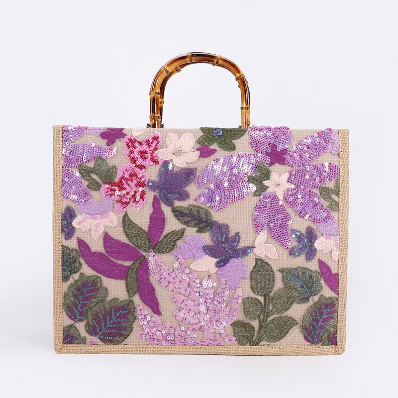 Elegant Burlap Handbag with Floral Embroidery and Bamboo Handle-handbag-Krush Kandy, Women's Online Fashion Boutique Located in Phoenix, Arizona (Scottsdale Area)