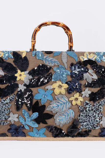 Elegant Burlap Handbag with Floral Embroidery and Bamboo Handle-handbag-Krush Kandy, Women's Online Fashion Boutique Located in Phoenix, Arizona (Scottsdale Area)