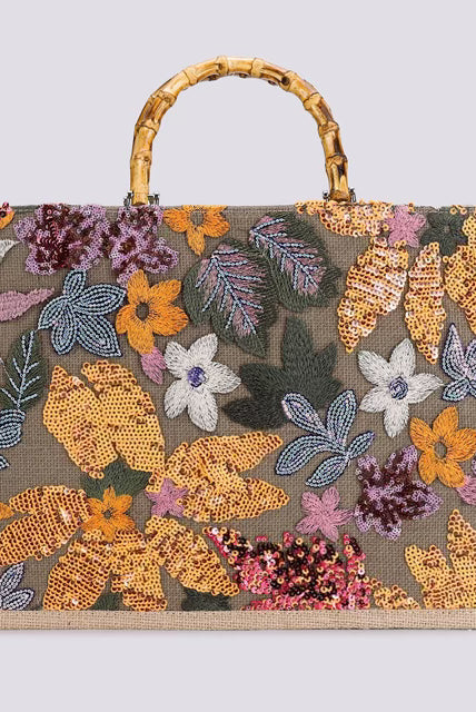 Elegant Burlap Handbag with Floral Embroidery and Bamboo Handle-handbag-Krush Kandy, Women's Online Fashion Boutique Located in Phoenix, Arizona (Scottsdale Area)