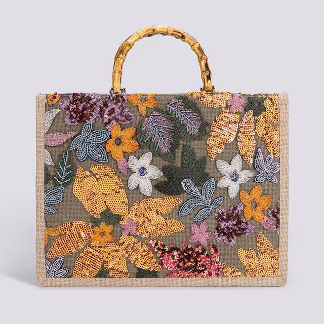 Elegant Burlap Handbag with Floral Embroidery and Bamboo Handle-handbag-Krush Kandy, Women's Online Fashion Boutique Located in Phoenix, Arizona (Scottsdale Area)