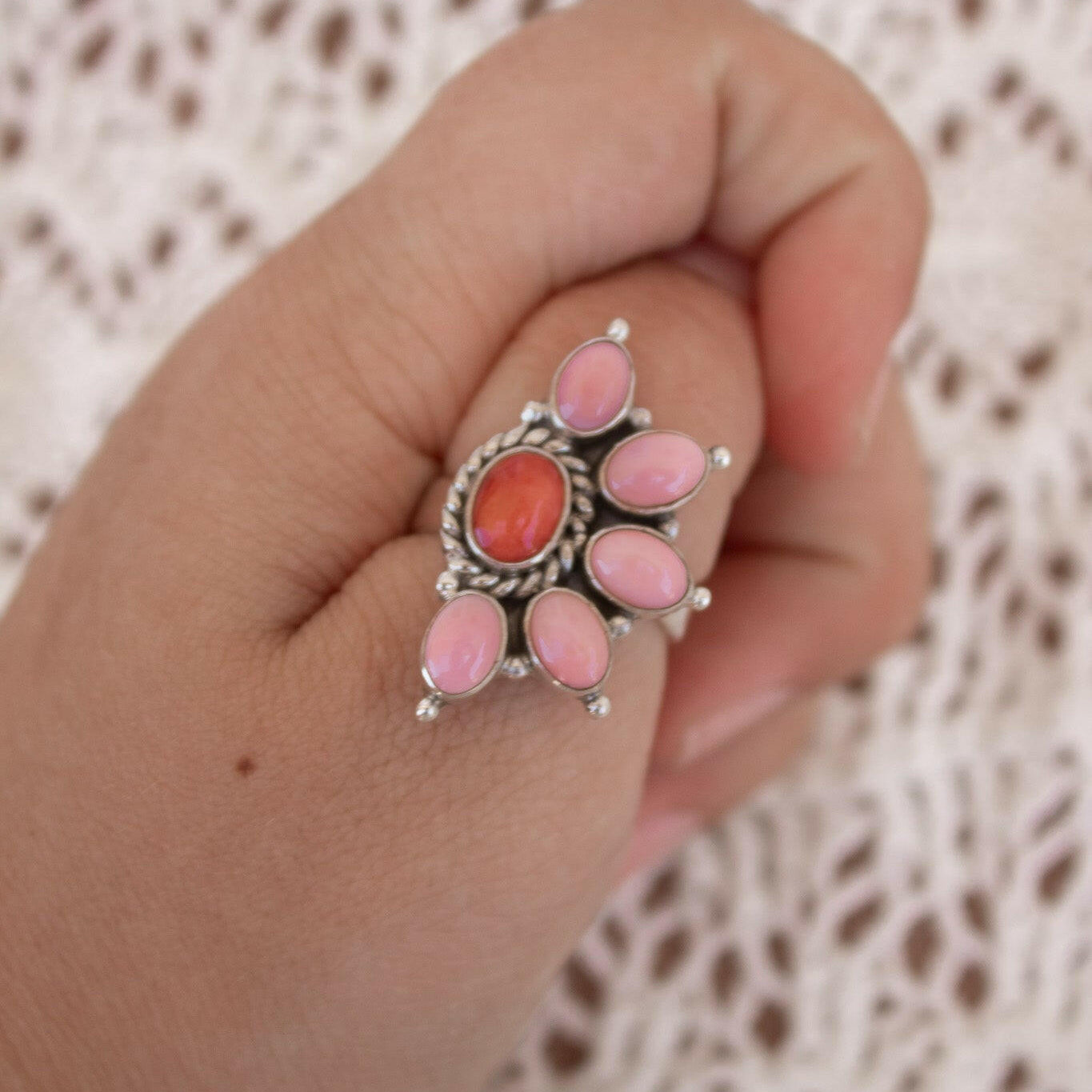 Pink Conch & Stone Half Flower Ring-Cluster Rings-Krush Kandy, Women's Online Fashion Boutique Located in Phoenix, Arizona (Scottsdale Area)