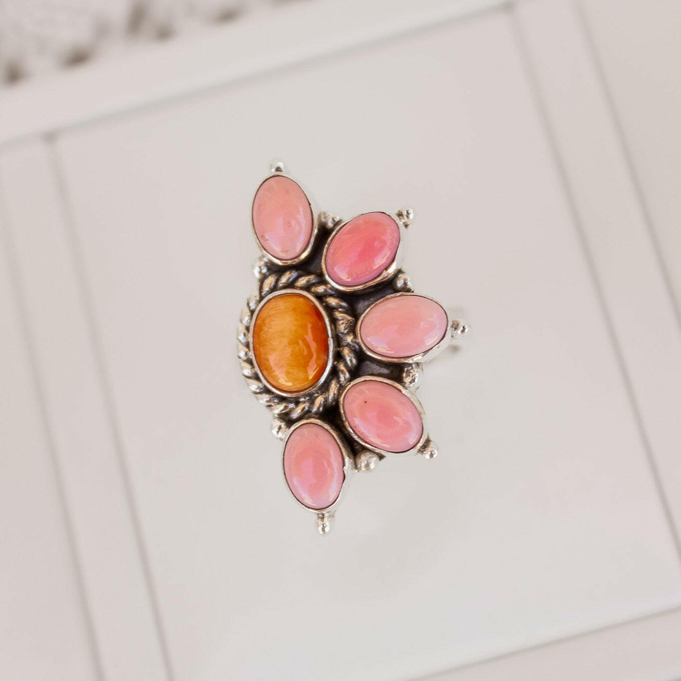 Pink Conch & Stone Half Flower Ring-Cluster Rings-Krush Kandy, Women's Online Fashion Boutique Located in Phoenix, Arizona (Scottsdale Area)