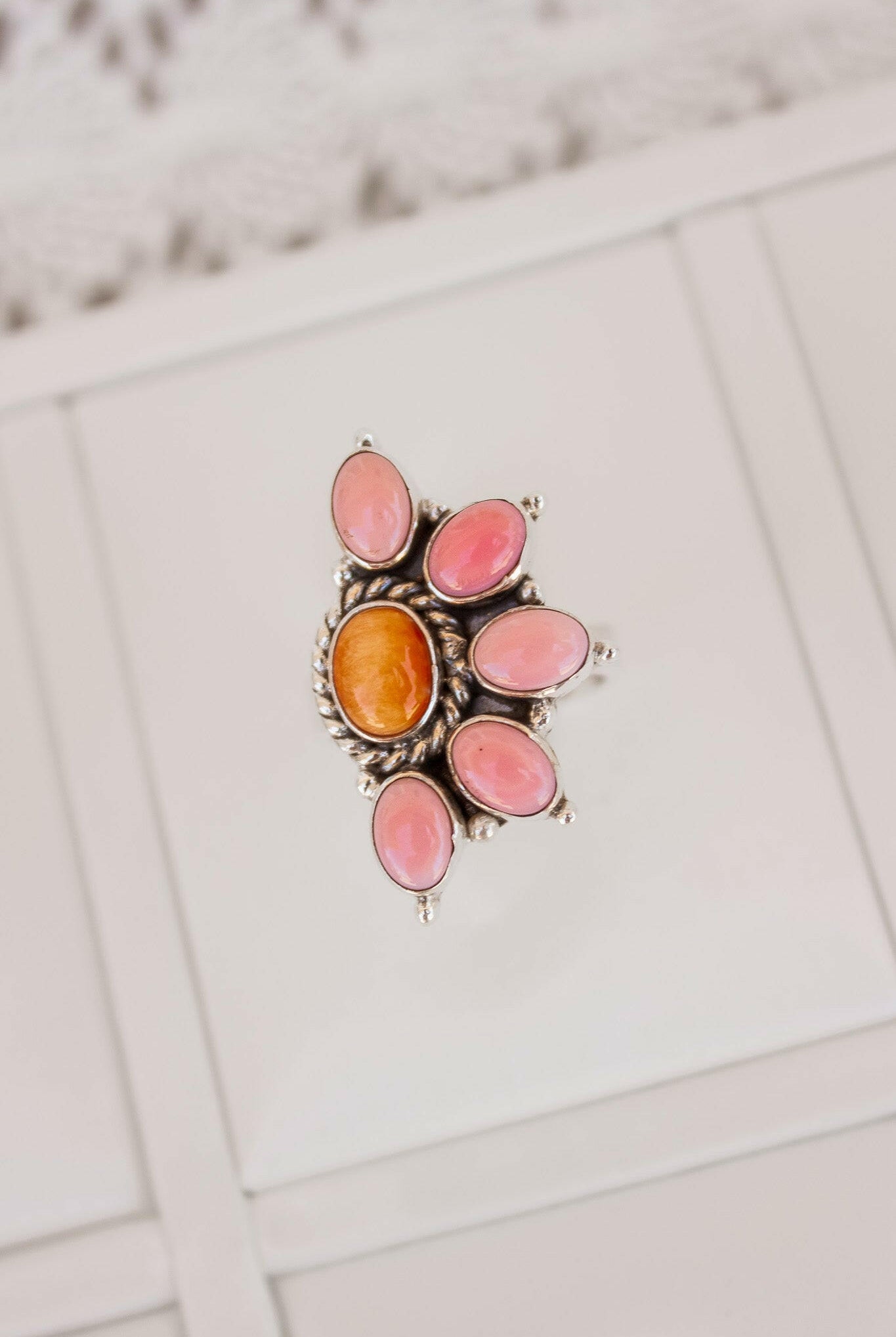Pink Conch & Stone Half Flower Ring-Cluster Rings-Krush Kandy, Women's Online Fashion Boutique Located in Phoenix, Arizona (Scottsdale Area)