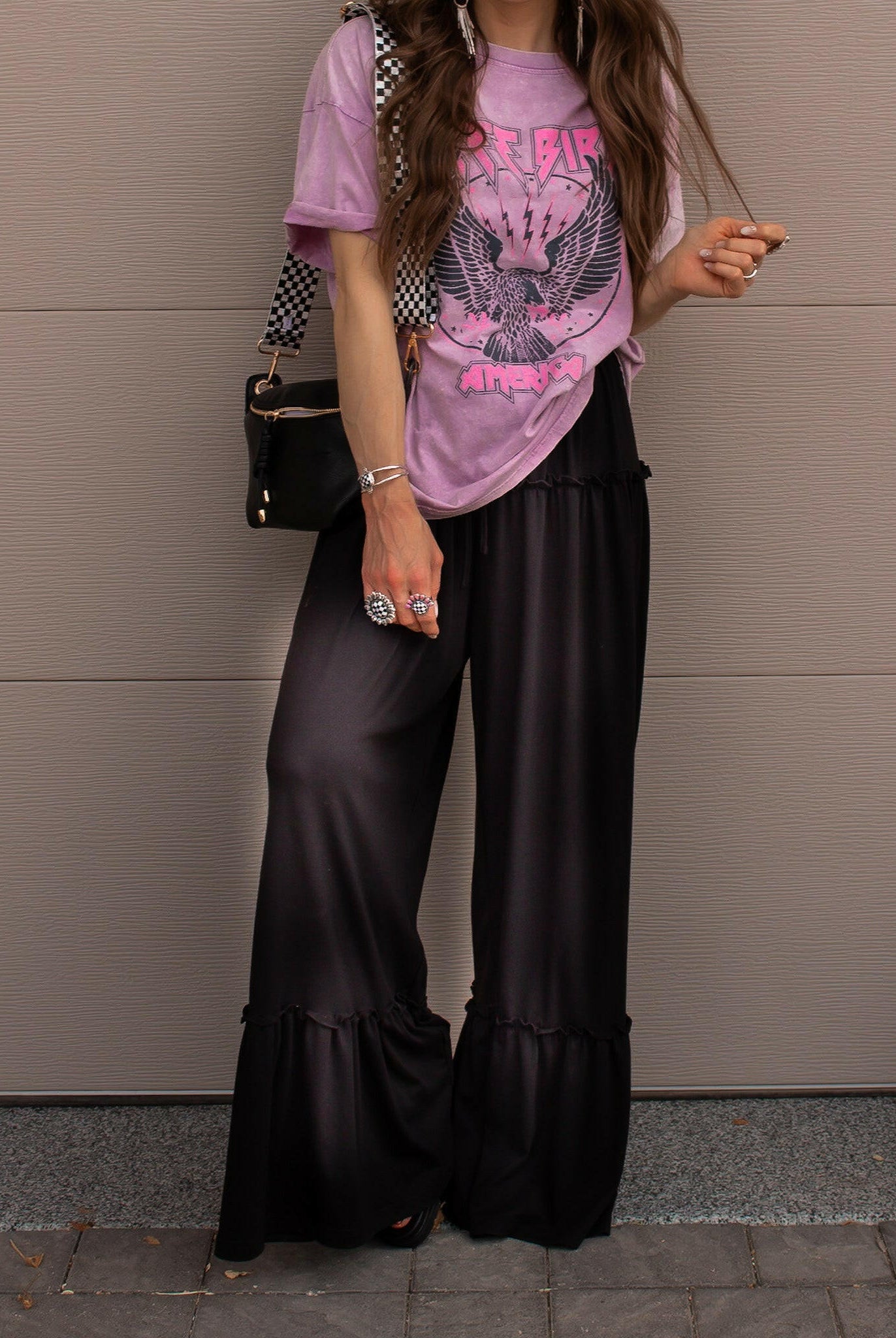 Free Spirit Ruffled High Waist Wide Leg Pants-Pants-Krush Kandy, Women's Online Fashion Boutique Located in Phoenix, Arizona (Scottsdale Area)