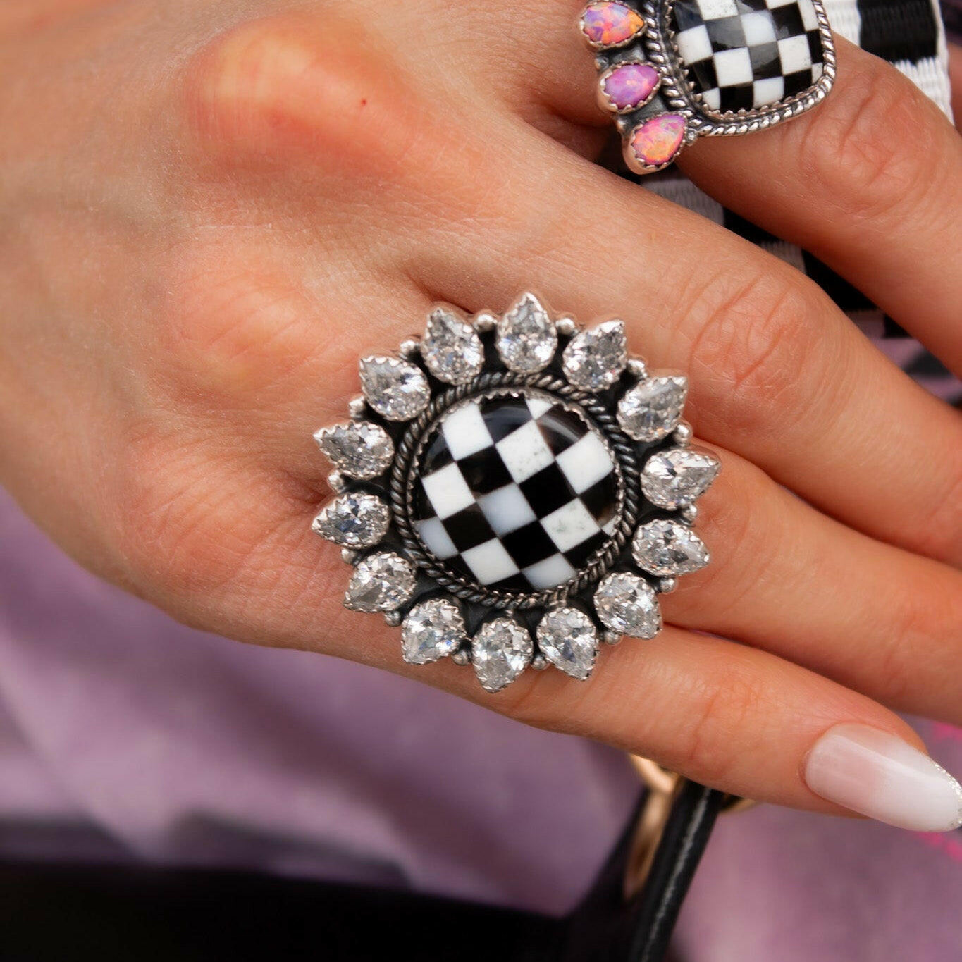 Checkered Sunflower Stone Ring-Band Rings-Krush Kandy, Women's Online Fashion Boutique Located in Phoenix, Arizona (Scottsdale Area)
