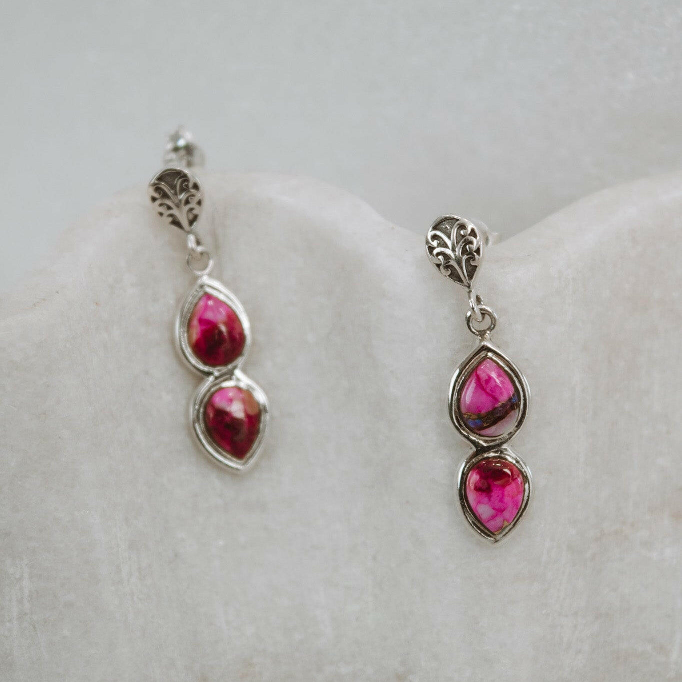 Mini Sterling Silver Burst Boho Double Stone Earrings-Drop Earrings-Krush Kandy, Women's Online Fashion Boutique Located in Phoenix, Arizona (Scottsdale Area)