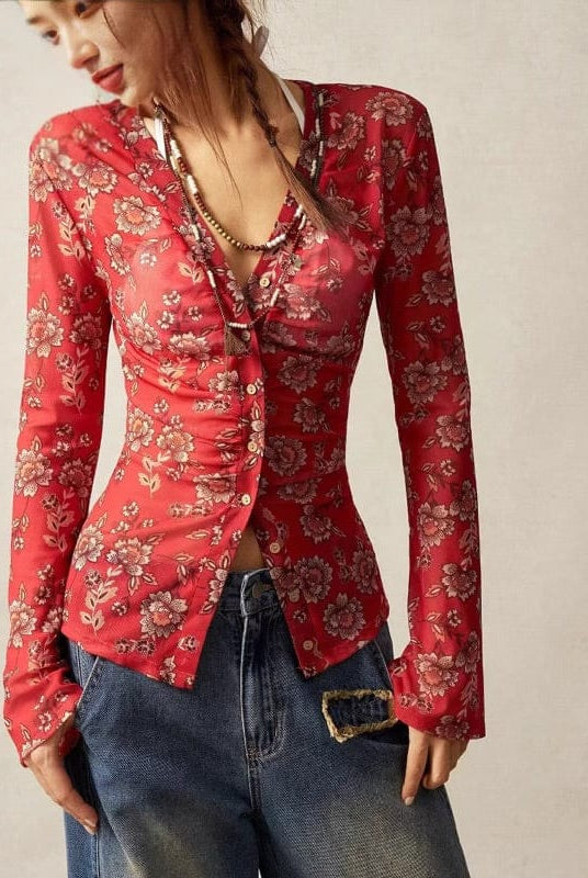 Petalwood Mesh Dreamer Button Sheer Long Sleeve Top-tops-Krush Kandy, Women's Online Fashion Boutique Located in Phoenix, Arizona (Scottsdale Area)