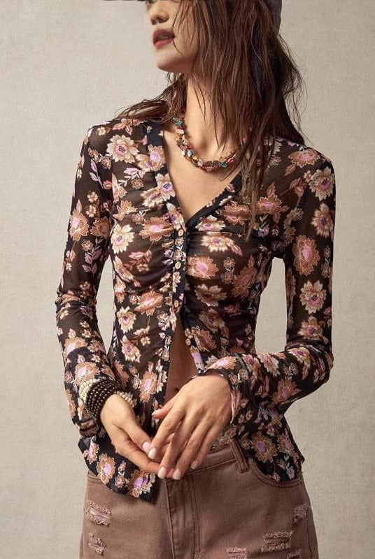Petalwood Mesh Dreamer Button Sheer Long Sleeve Top-tops-Krush Kandy, Women's Online Fashion Boutique Located in Phoenix, Arizona (Scottsdale Area)
