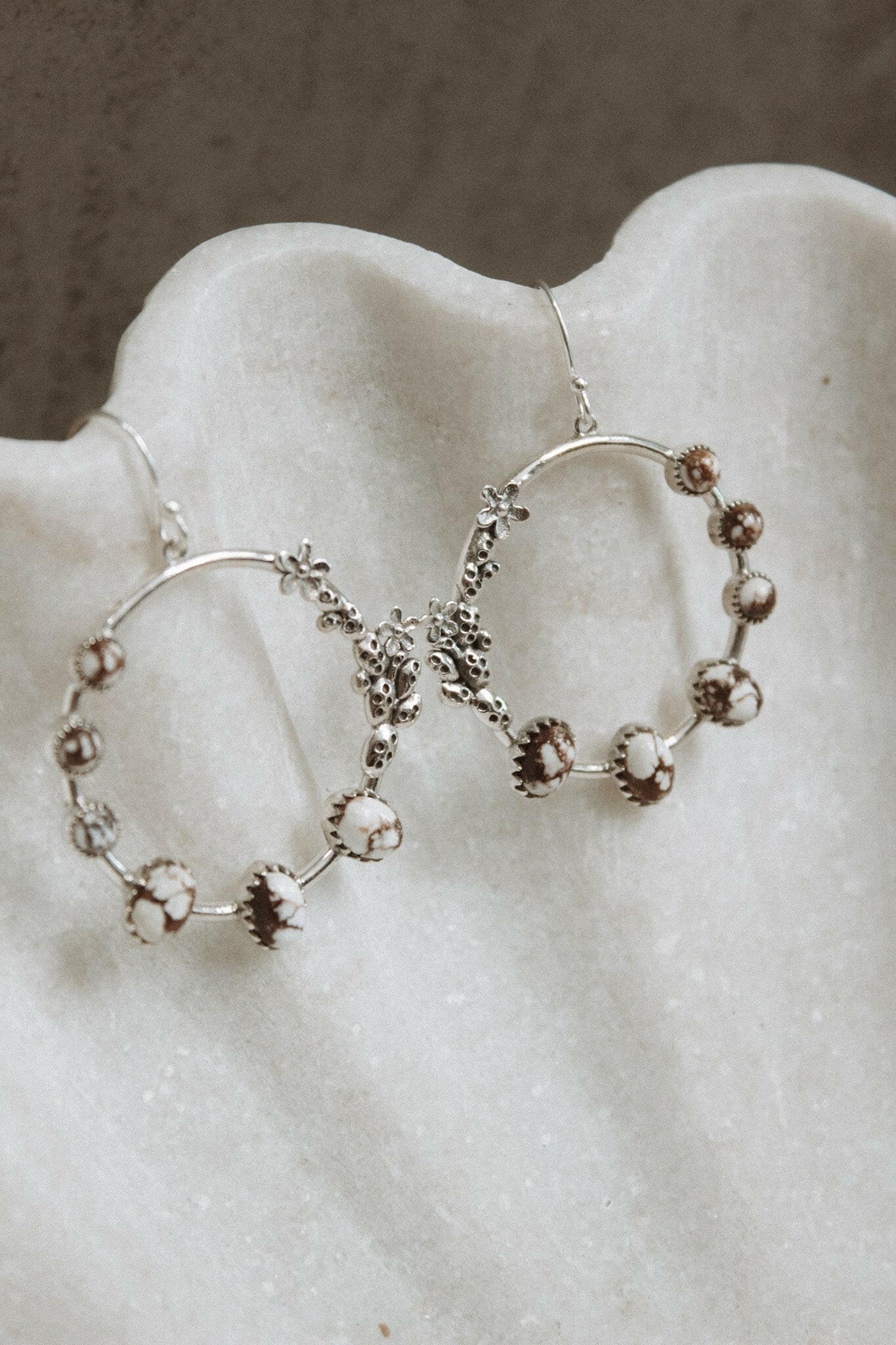 Flower Bed Sterling Silver Stone Hoop Earrings-Hoop Earrings-Krush Kandy, Women's Online Fashion Boutique Located in Phoenix, Arizona (Scottsdale Area)