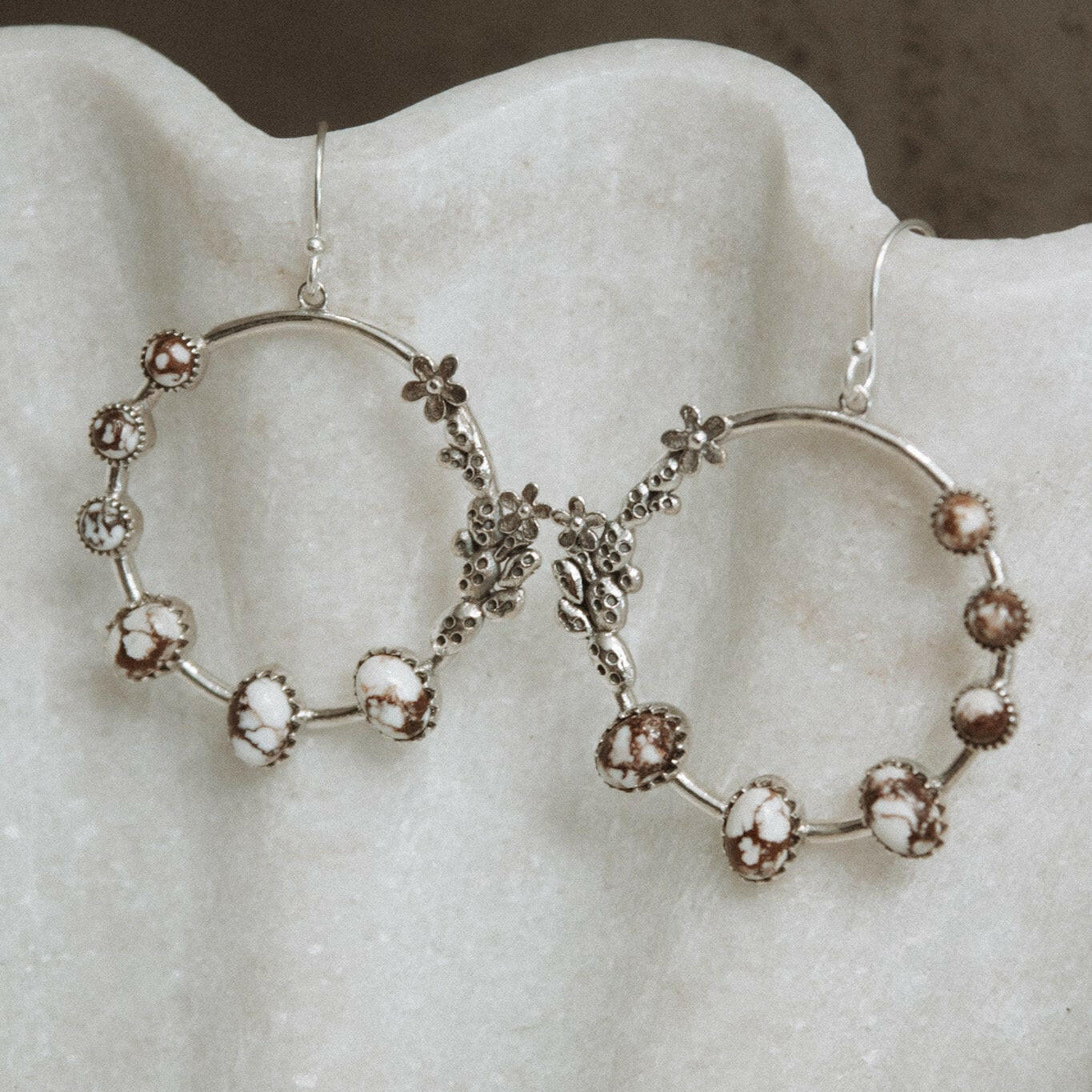 Flower Bed Sterling Silver Stone Hoop Earrings-Hoop Earrings-Krush Kandy, Women's Online Fashion Boutique Located in Phoenix, Arizona (Scottsdale Area)