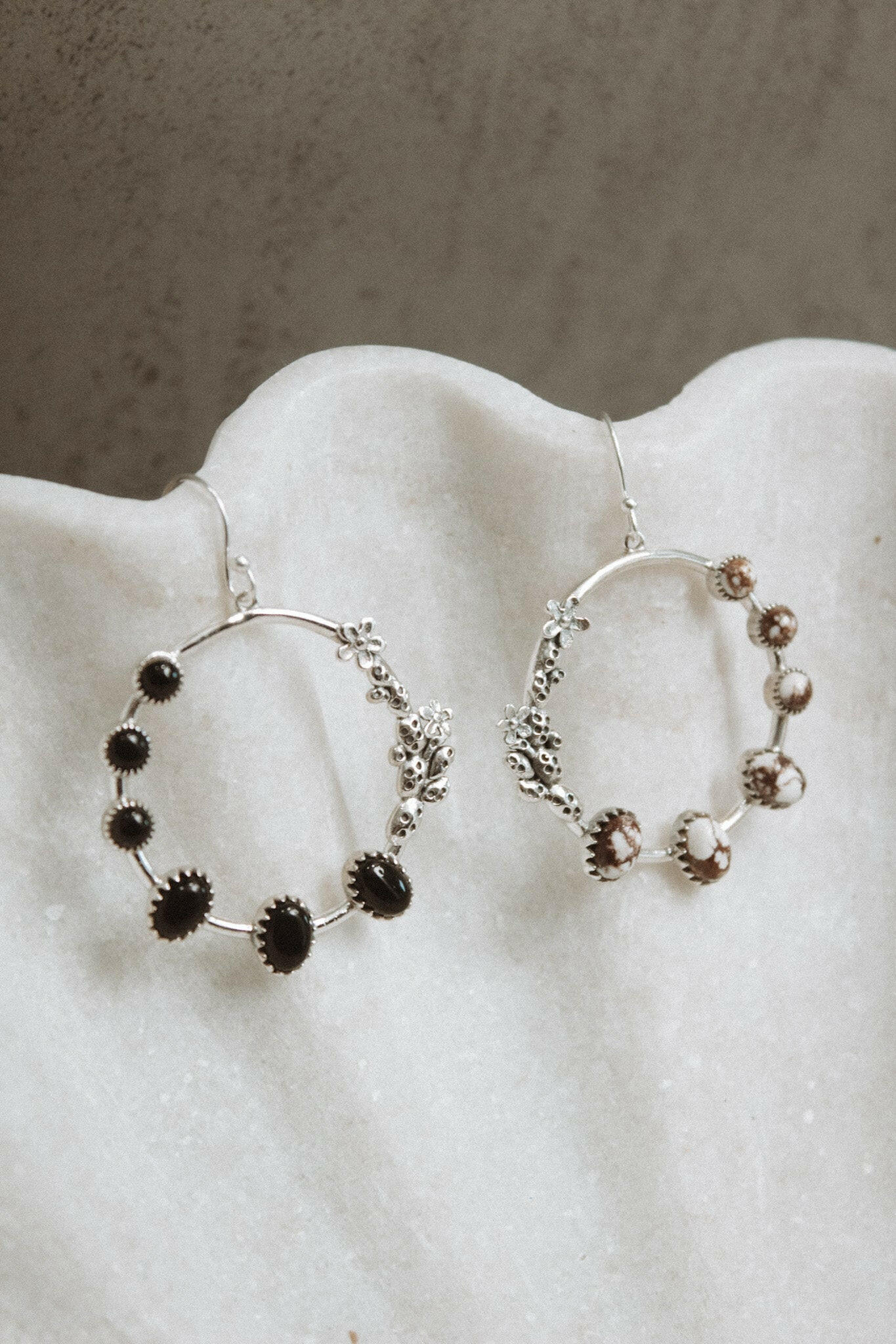 Flower Bed Sterling Silver Stone Hoop Earrings-Hoop Earrings-Krush Kandy, Women's Online Fashion Boutique Located in Phoenix, Arizona (Scottsdale Area)