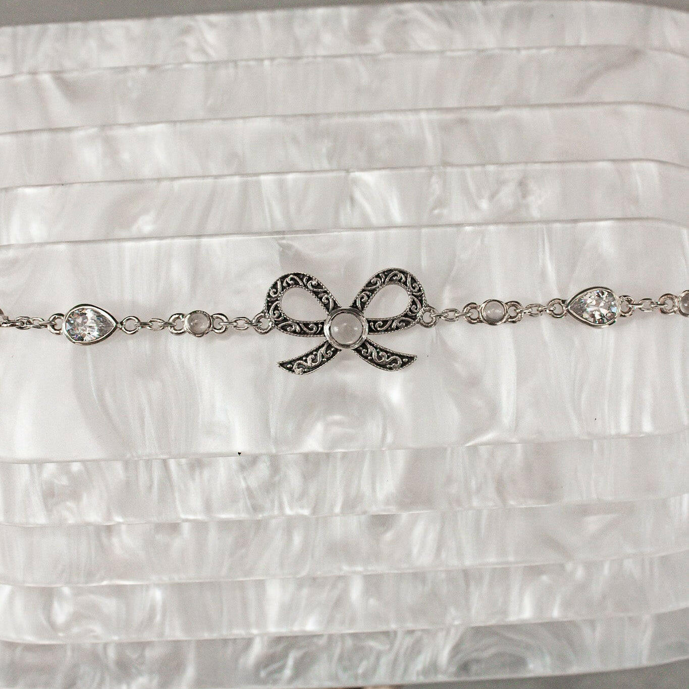 Sterling Bow Stone Bracelet-Chain Bracelets-Krush Kandy, Women's Online Fashion Boutique Located in Phoenix, Arizona (Scottsdale Area)