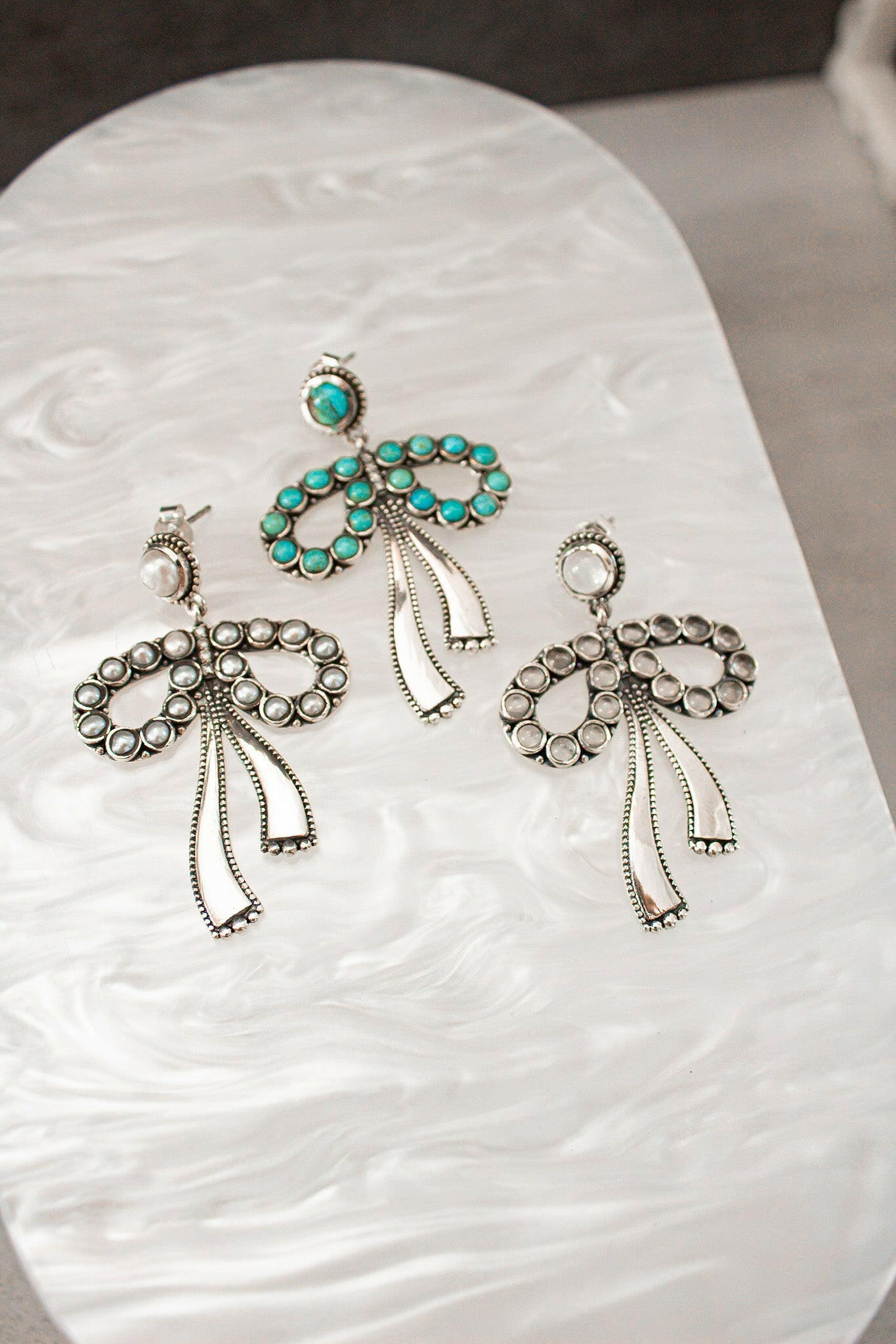 Stone Bliss Sterling Silver Bow Earrings-Stud Earrings-Krush Kandy, Women's Online Fashion Boutique Located in Phoenix, Arizona (Scottsdale Area)