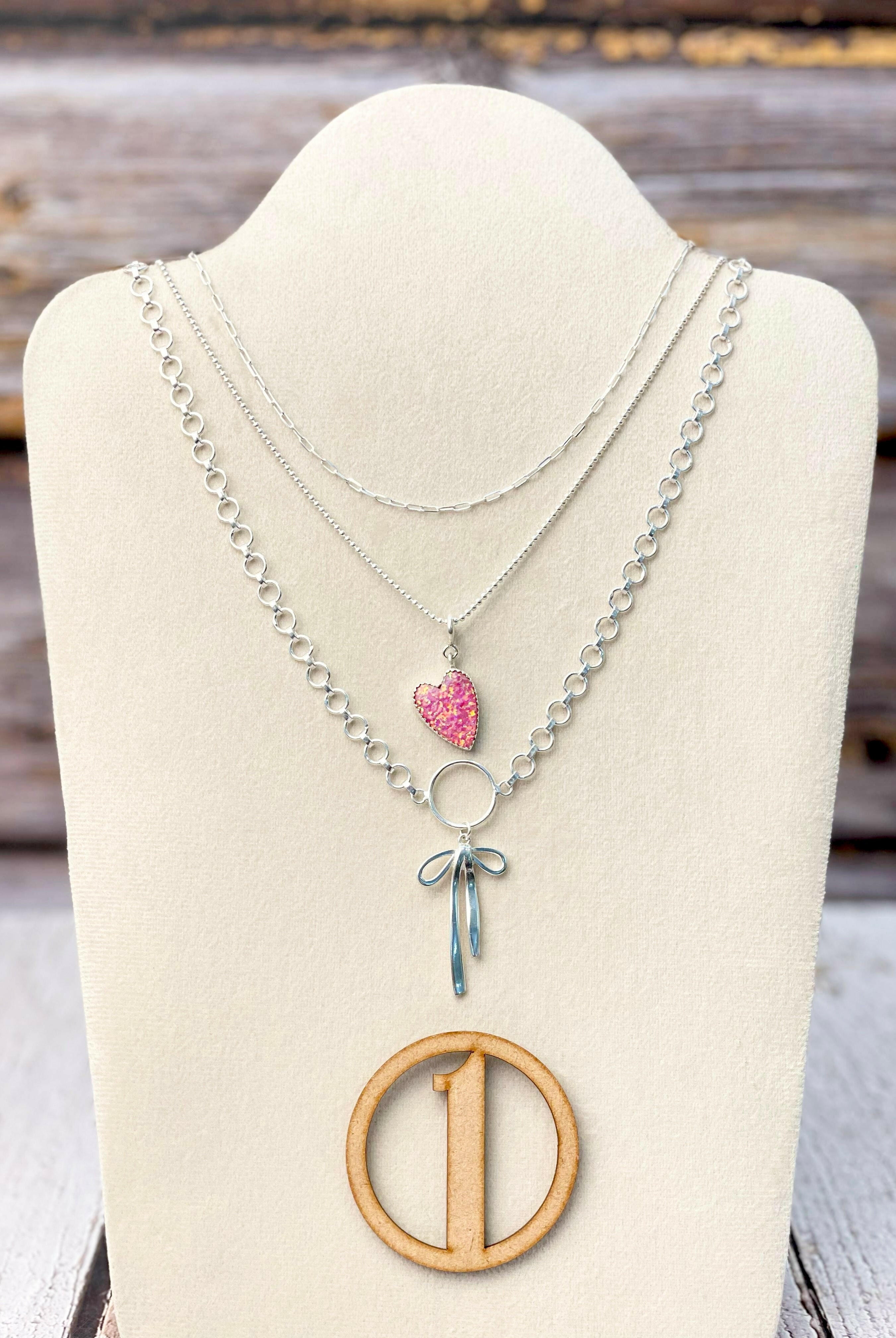 Opal Heart & Bow Layered Necklace-Necklaces-Krush Kandy, Women's Online Fashion Boutique Located in Phoenix, Arizona (Scottsdale Area)
