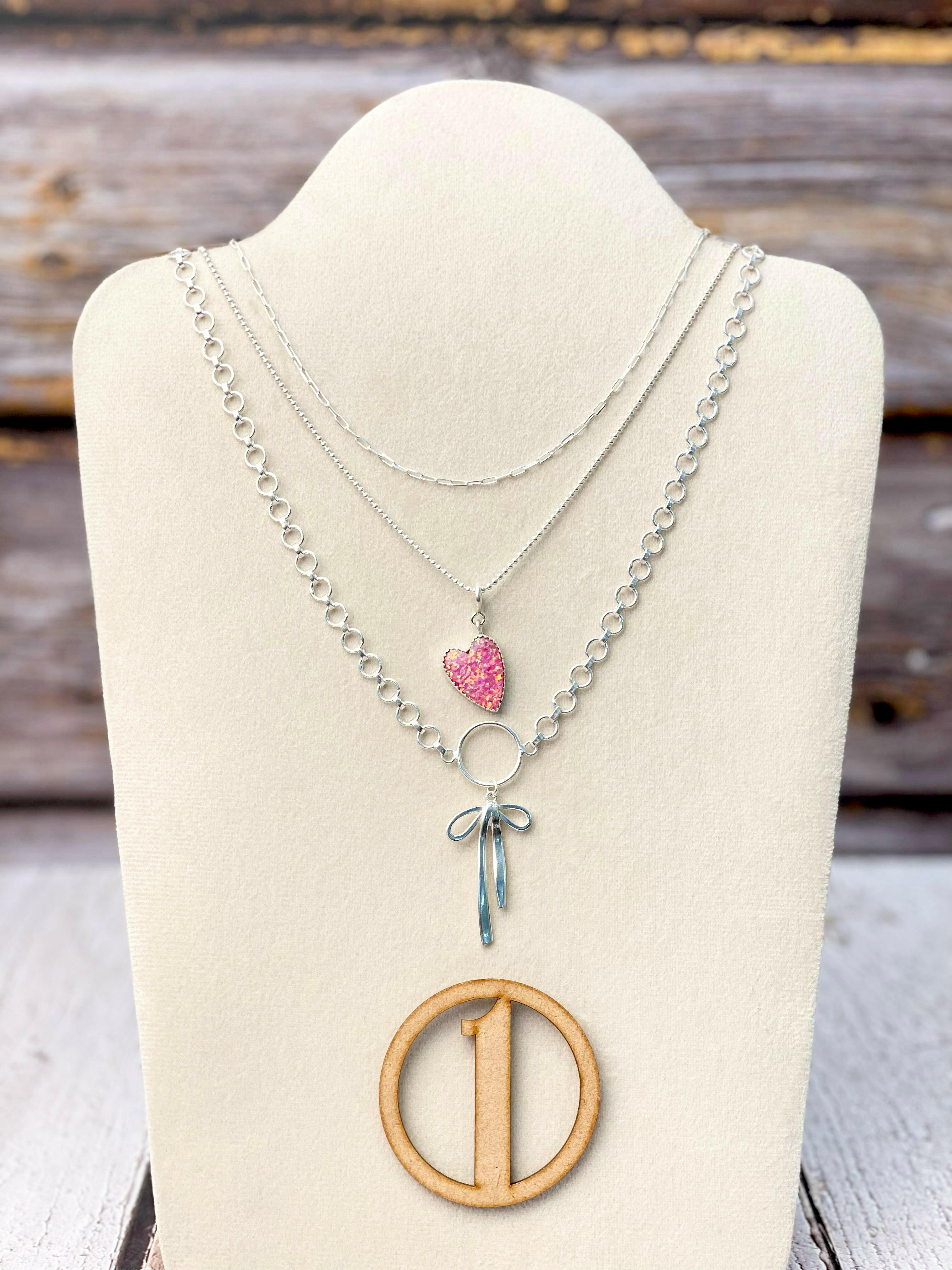 Opal Heart & Bow Layered Necklace-Necklaces-Krush Kandy, Women's Online Fashion Boutique Located in Phoenix, Arizona (Scottsdale Area)