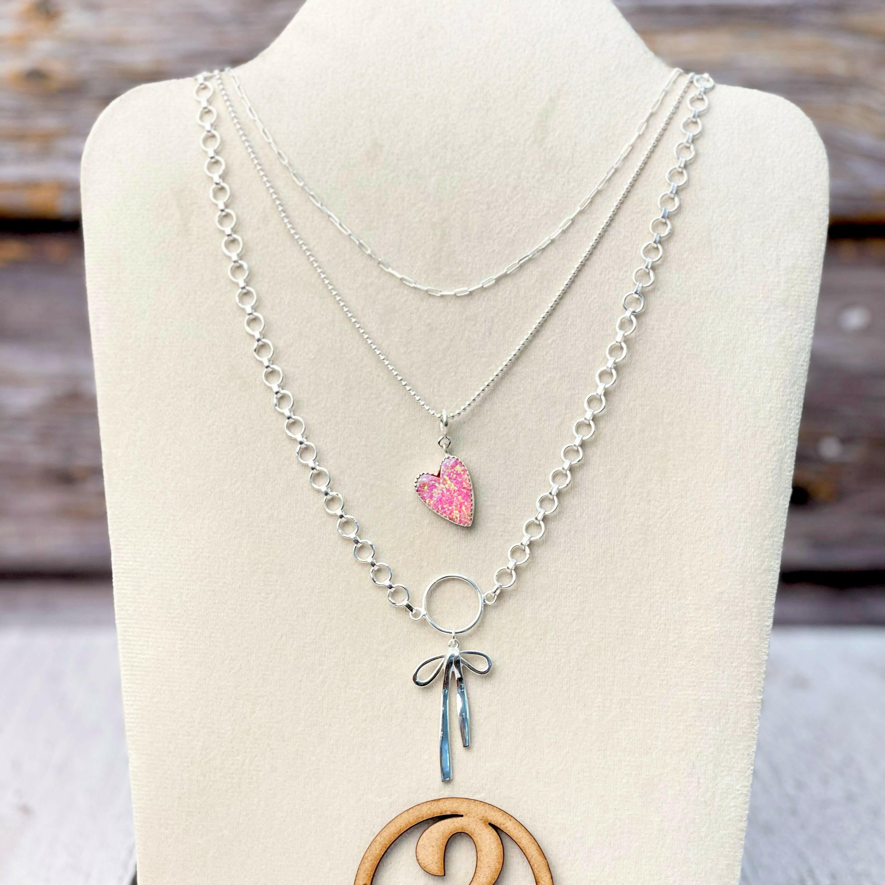 Opal Heart & Bow Layered Necklace-Necklaces-Krush Kandy, Women's Online Fashion Boutique Located in Phoenix, Arizona (Scottsdale Area)