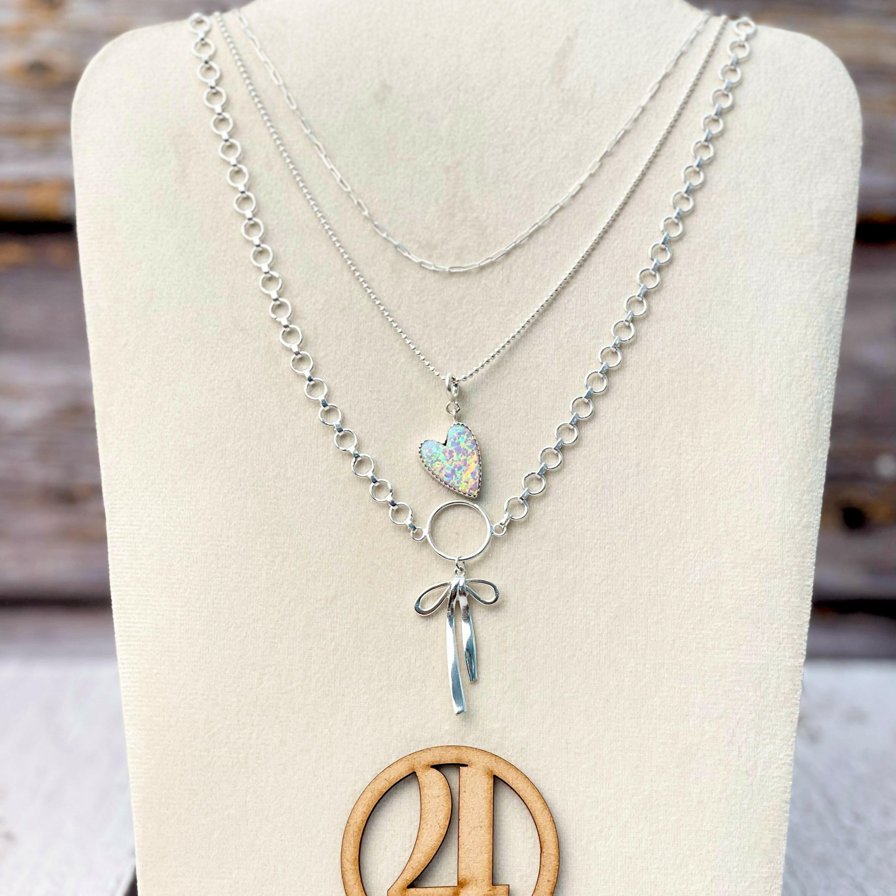 Opal Heart & Bow Layered Necklace-Necklaces-Krush Kandy, Women's Online Fashion Boutique Located in Phoenix, Arizona (Scottsdale Area)
