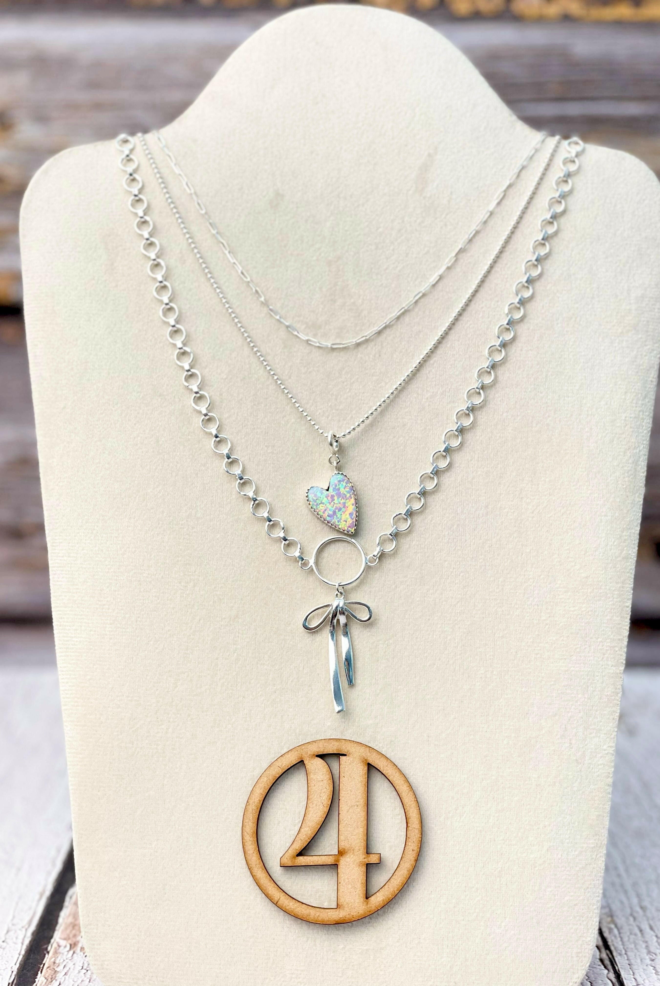 Opal Heart & Bow Layered Necklace-Necklaces-Krush Kandy, Women's Online Fashion Boutique Located in Phoenix, Arizona (Scottsdale Area)