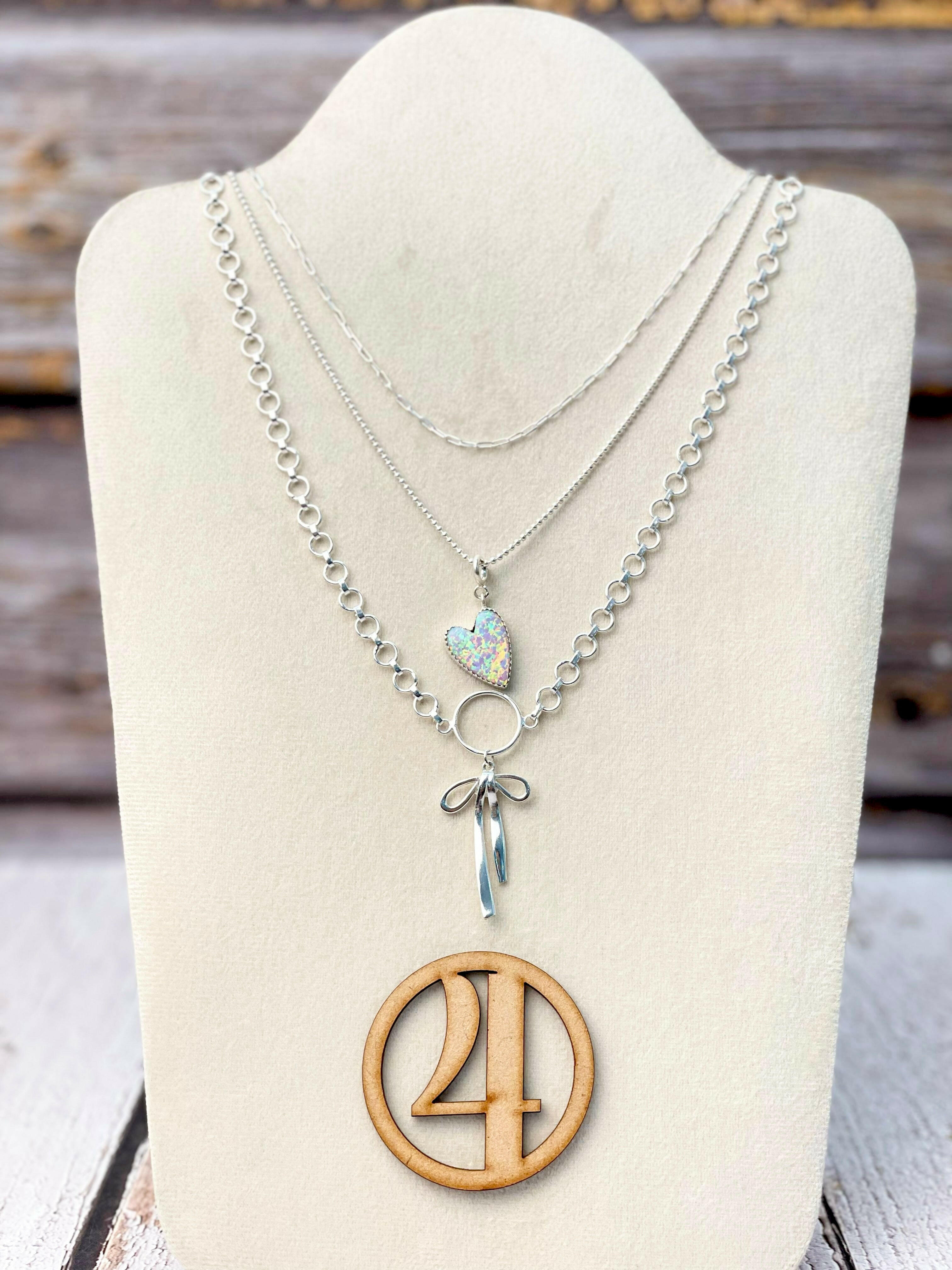 Opal Heart & Bow Layered Necklace-Necklaces-Krush Kandy, Women's Online Fashion Boutique Located in Phoenix, Arizona (Scottsdale Area)