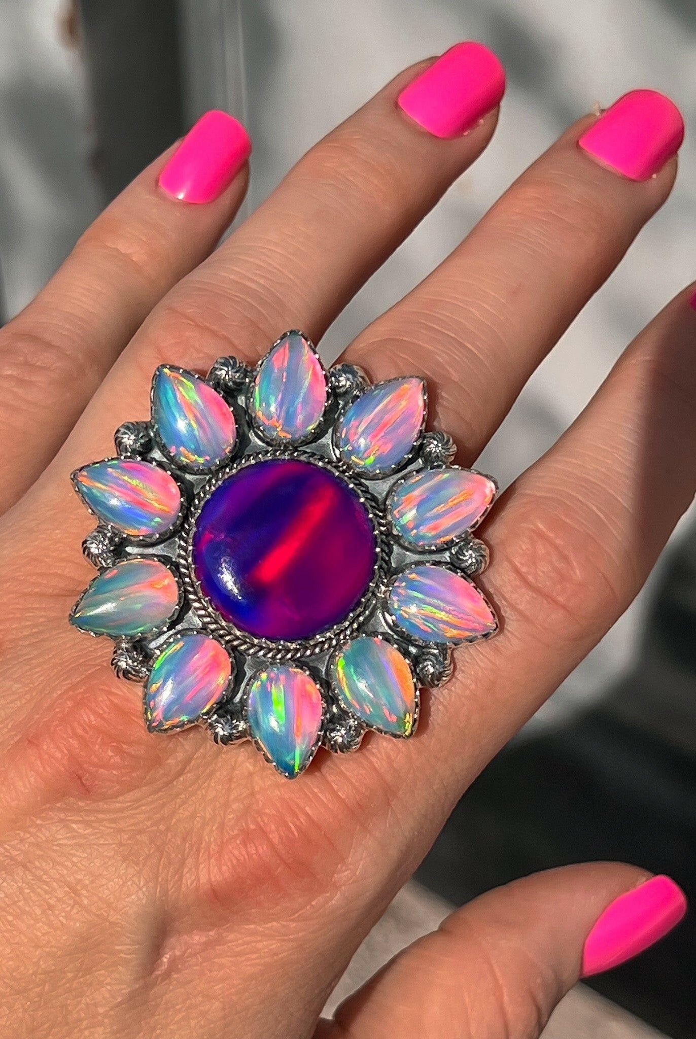 Aurora Opal Sunflower Cluster Sterling Silver Ring-Cluster Rings-Krush Kandy, Women's Online Fashion Boutique Located in Phoenix, Arizona (Scottsdale Area)