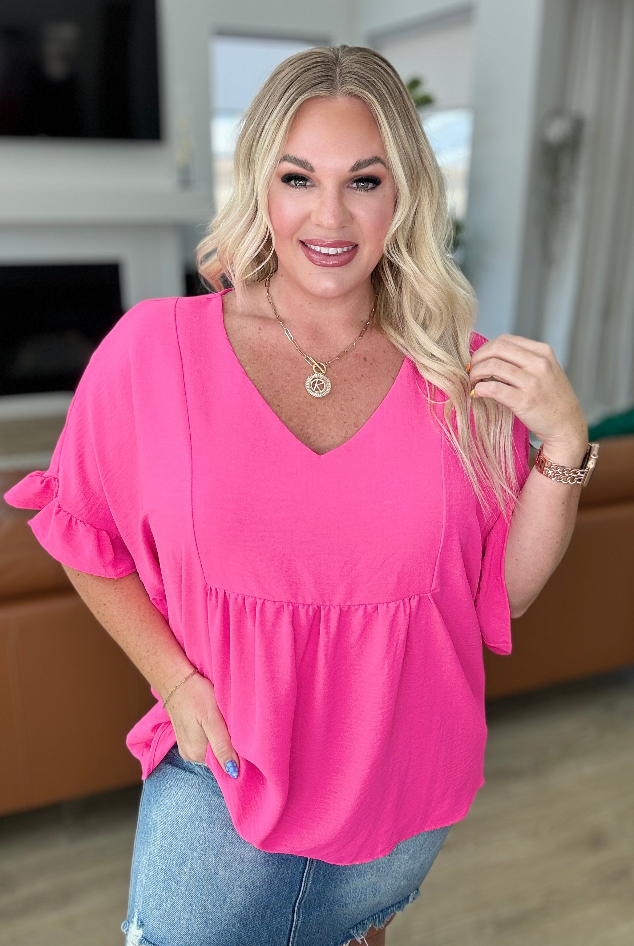 Airflow Peplum Ruffle Sleeve Top in Fuchsia Pink-Short Sleeve Tops-Krush Kandy, Women's Online Fashion Boutique Located in Phoenix, Arizona (Scottsdale Area)