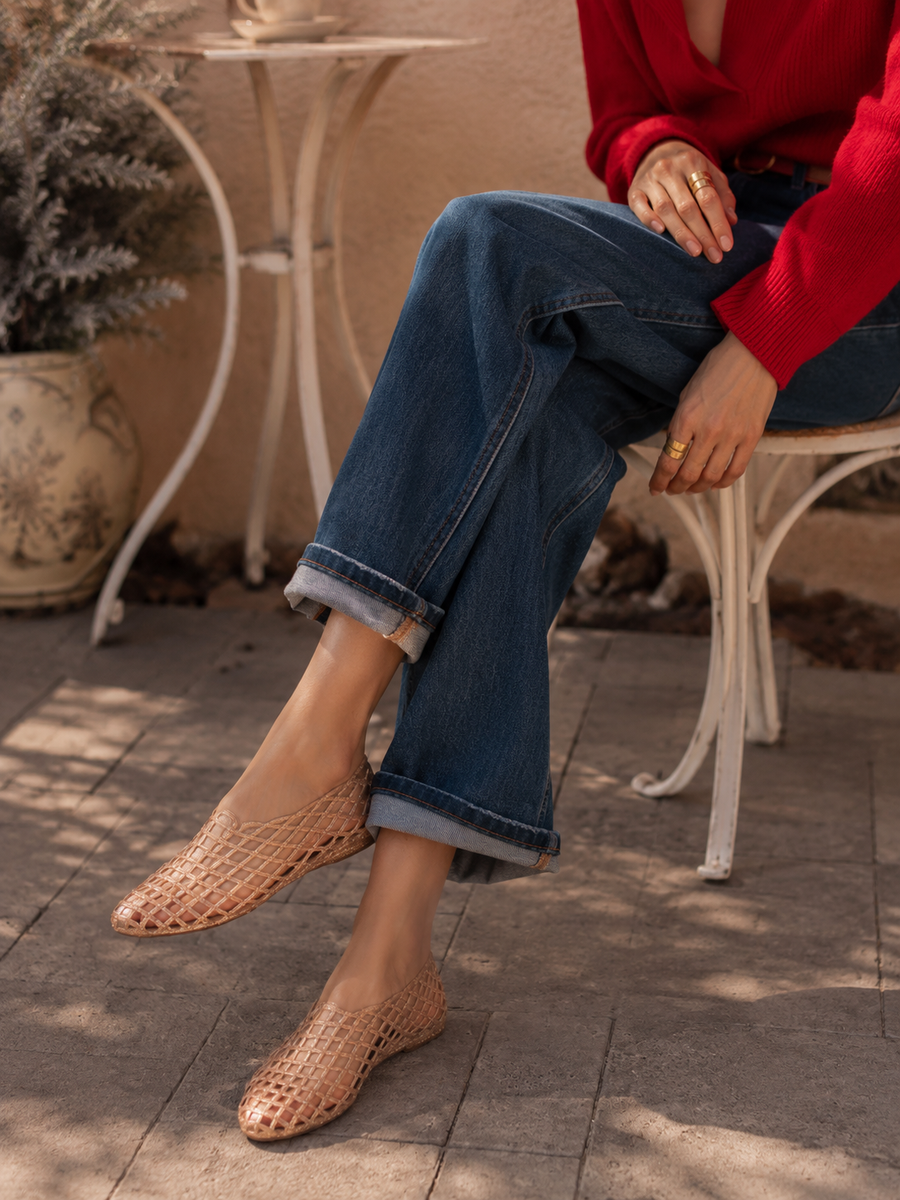 PVC Jelly Woven Mesh Sandals - Glitter Gold & Cork Pattern