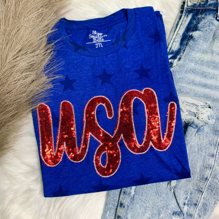 PREORDER USA Patriotic 4th of July Tee, Blue Stars-Graphic Tees-Krush Kandy, Women's Online Fashion Boutique Located in Phoenix, Arizona (Scottsdale Area)