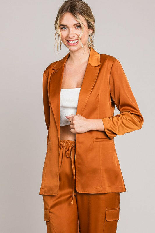 Satin Ruched Cuff Blazer Jacket-Blazers-Krush Kandy, Women's Online Fashion Boutique Located in Phoenix, Arizona (Scottsdale Area)