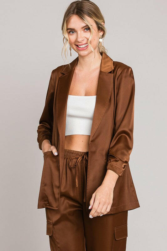Satin Ruched Cuff Blazer Jacket-Blazers-Krush Kandy, Women's Online Fashion Boutique Located in Phoenix, Arizona (Scottsdale Area)