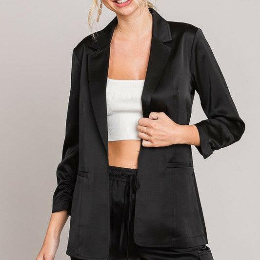 Satin Ruched Cuff Blazer Jacket-Blazers-Krush Kandy, Women's Online Fashion Boutique Located in Phoenix, Arizona (Scottsdale Area)