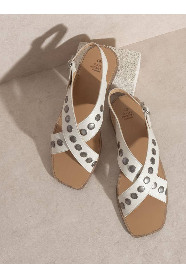 The Kylie White | Studded Cross Band Sandal-Sandals-Krush Kandy, Women's Online Fashion Boutique Located in Phoenix, Arizona (Scottsdale Area)